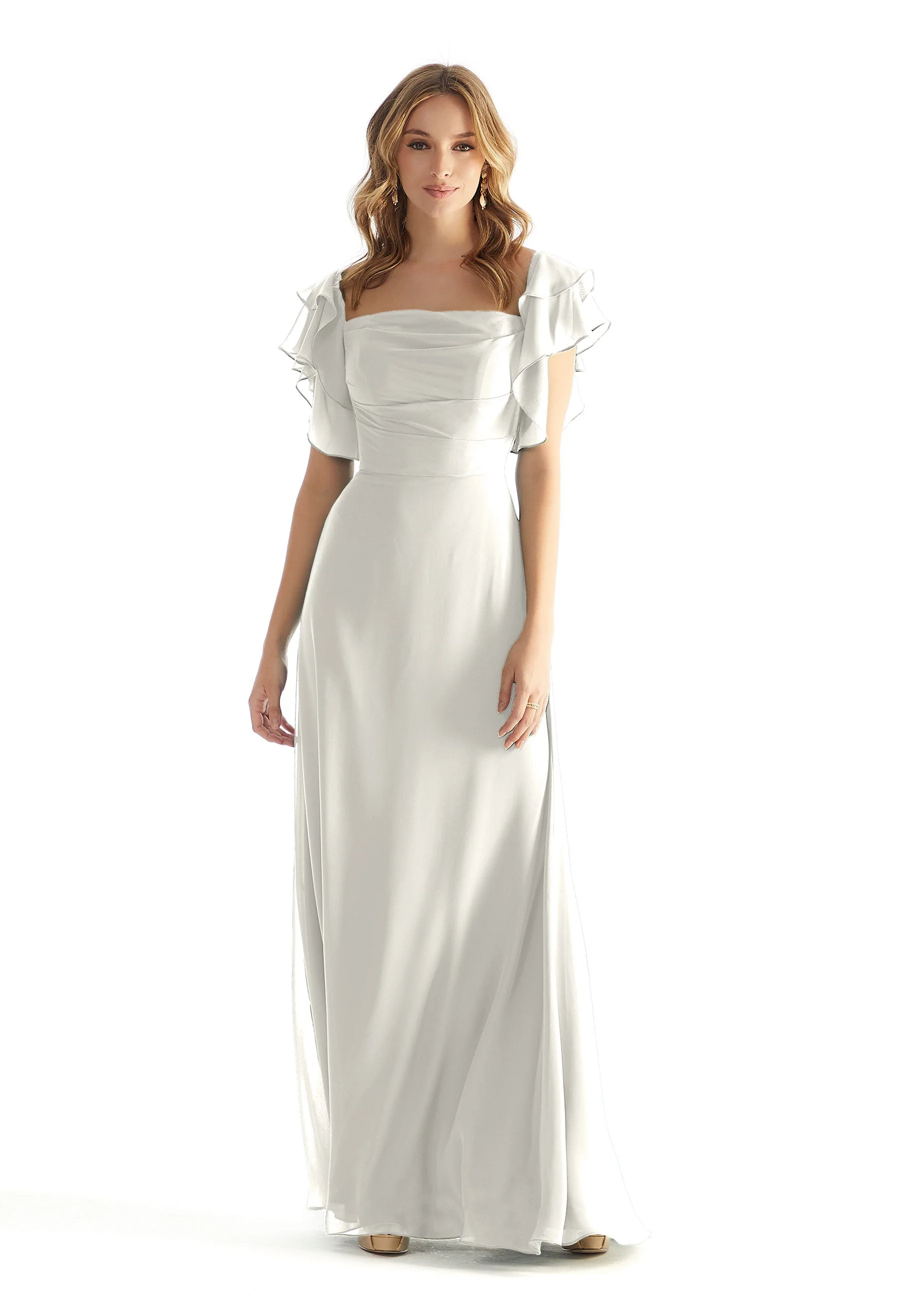 Chiffon Bridesmaid Dress with Straight Neckline and Ruffle Sleeves - Image 5