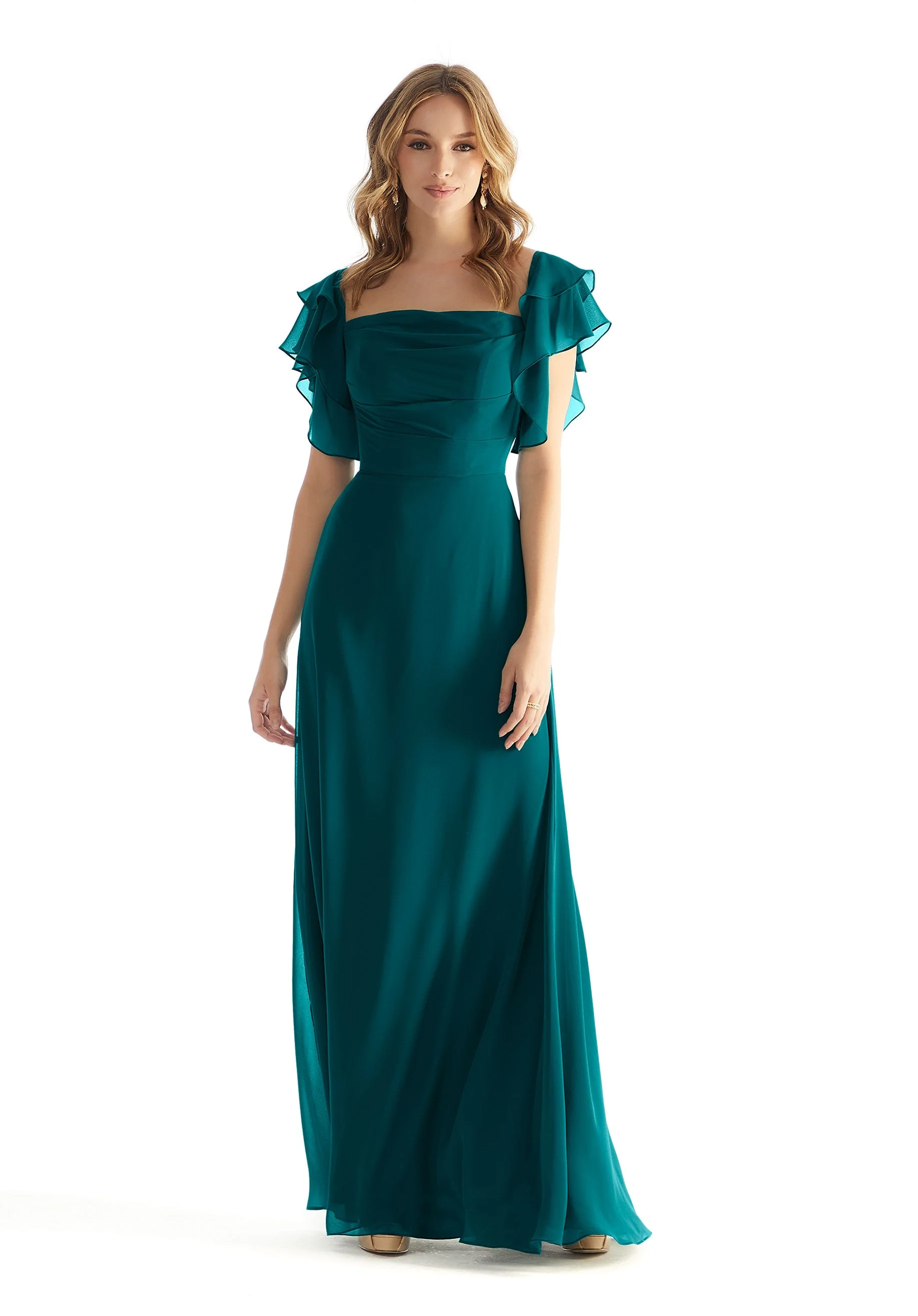 Chiffon Bridesmaid Dress with Straight Neckline and Ruffle Sleeves - Image 50