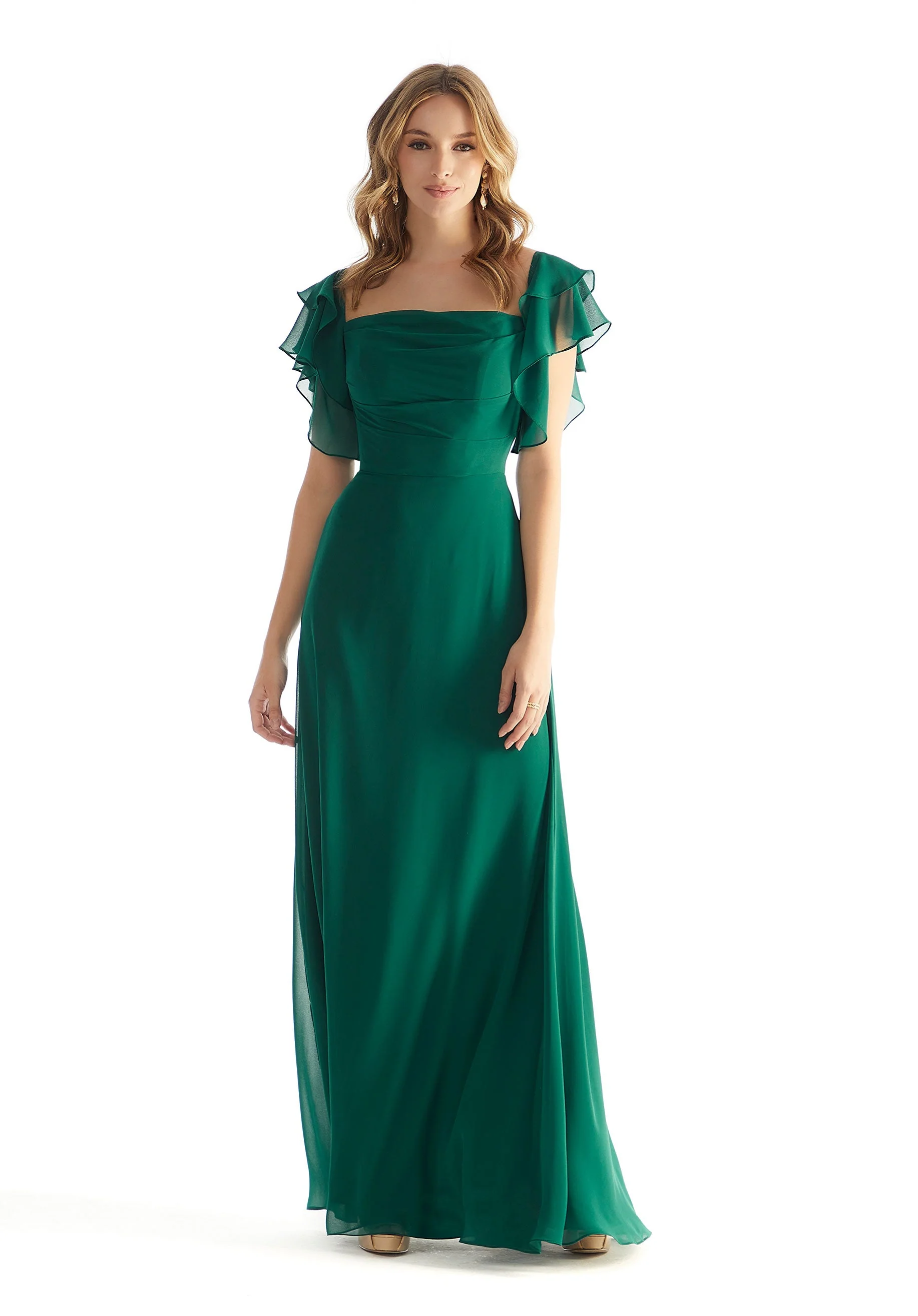Chiffon Bridesmaid Dress with Straight Neckline and Ruffle Sleeves - Image 51