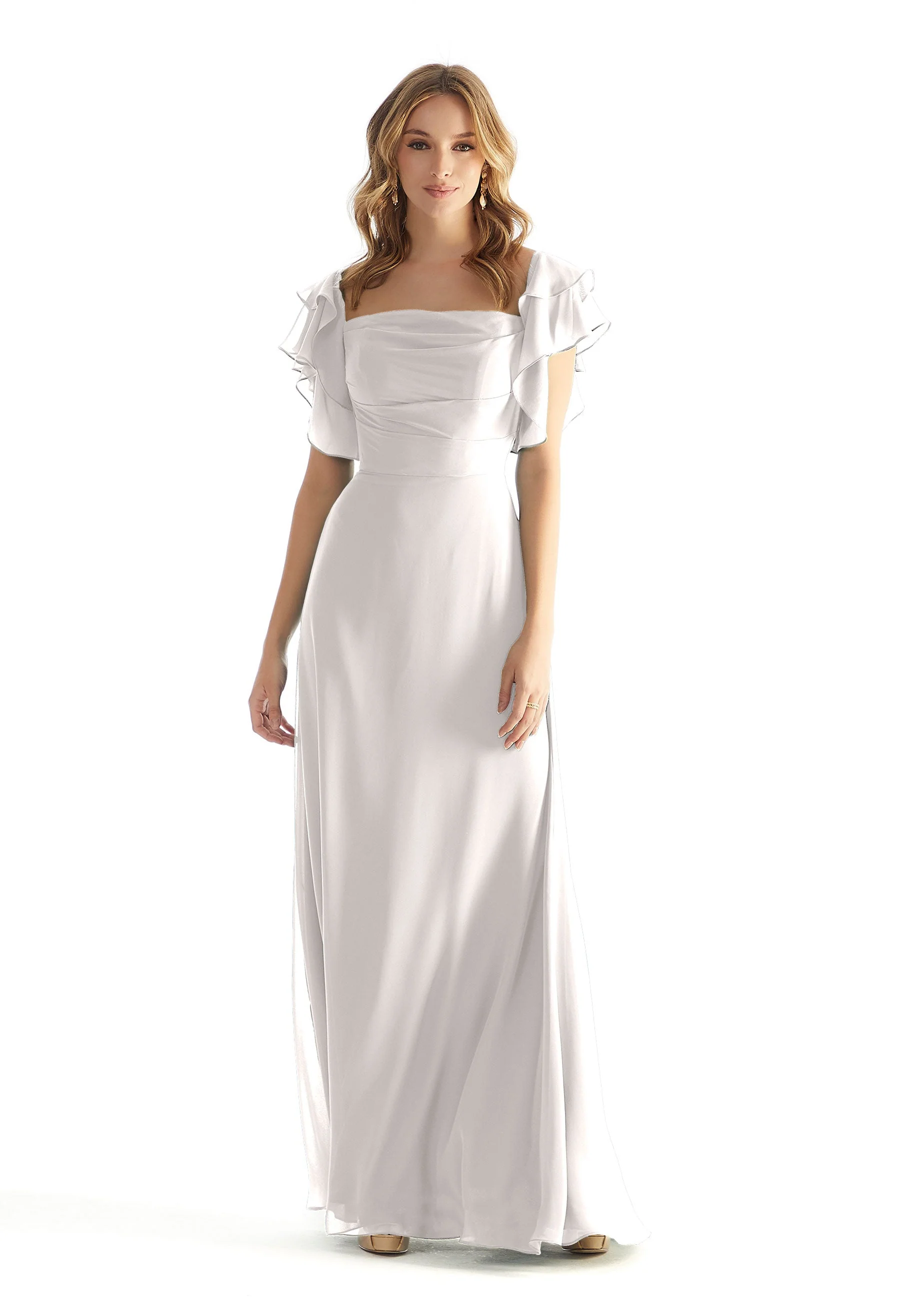 Chiffon Bridesmaid Dress with Straight Neckline and Ruffle Sleeves - Image 52
