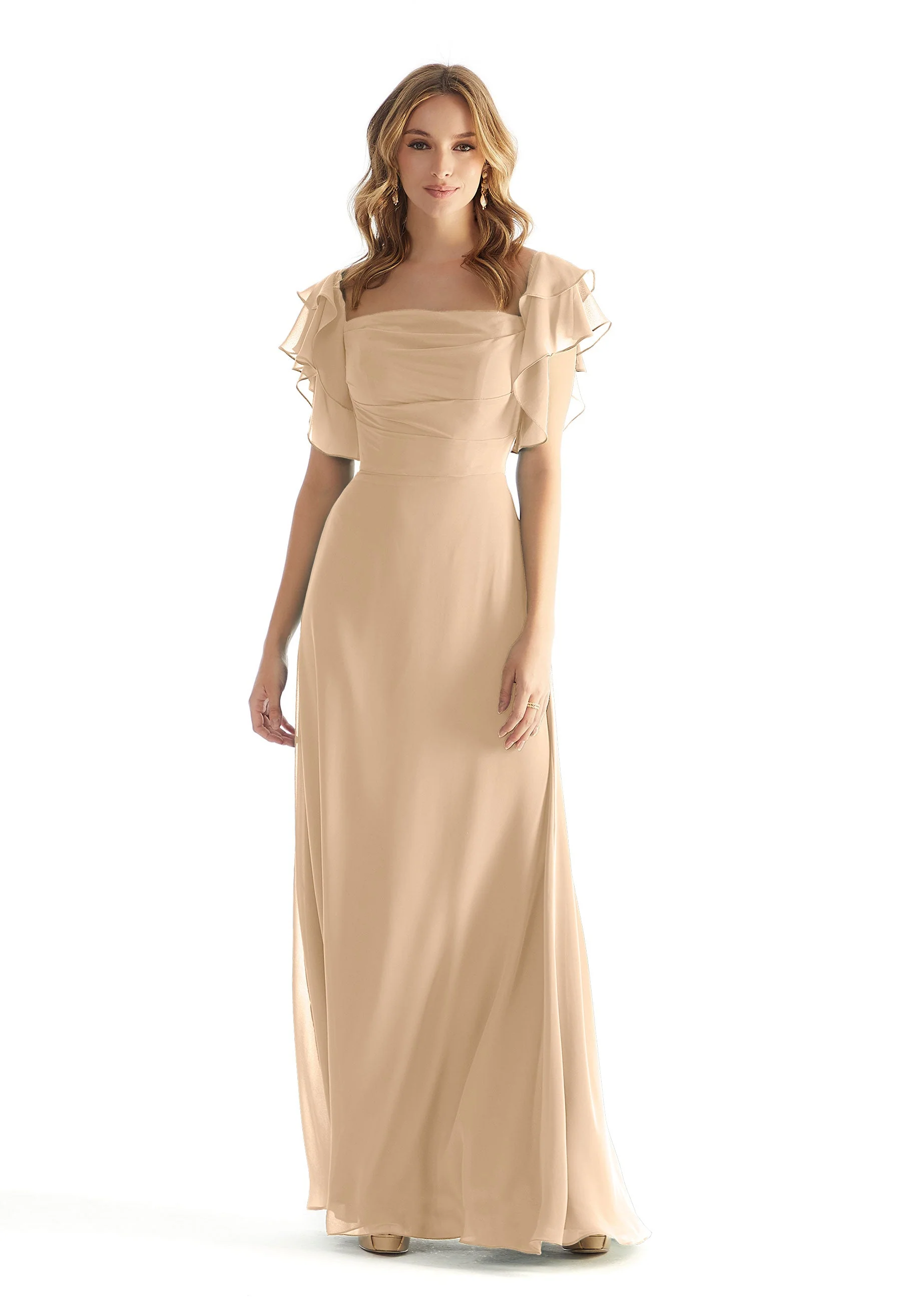 Chiffon Bridesmaid Dress with Straight Neckline and Ruffle Sleeves - Image 7