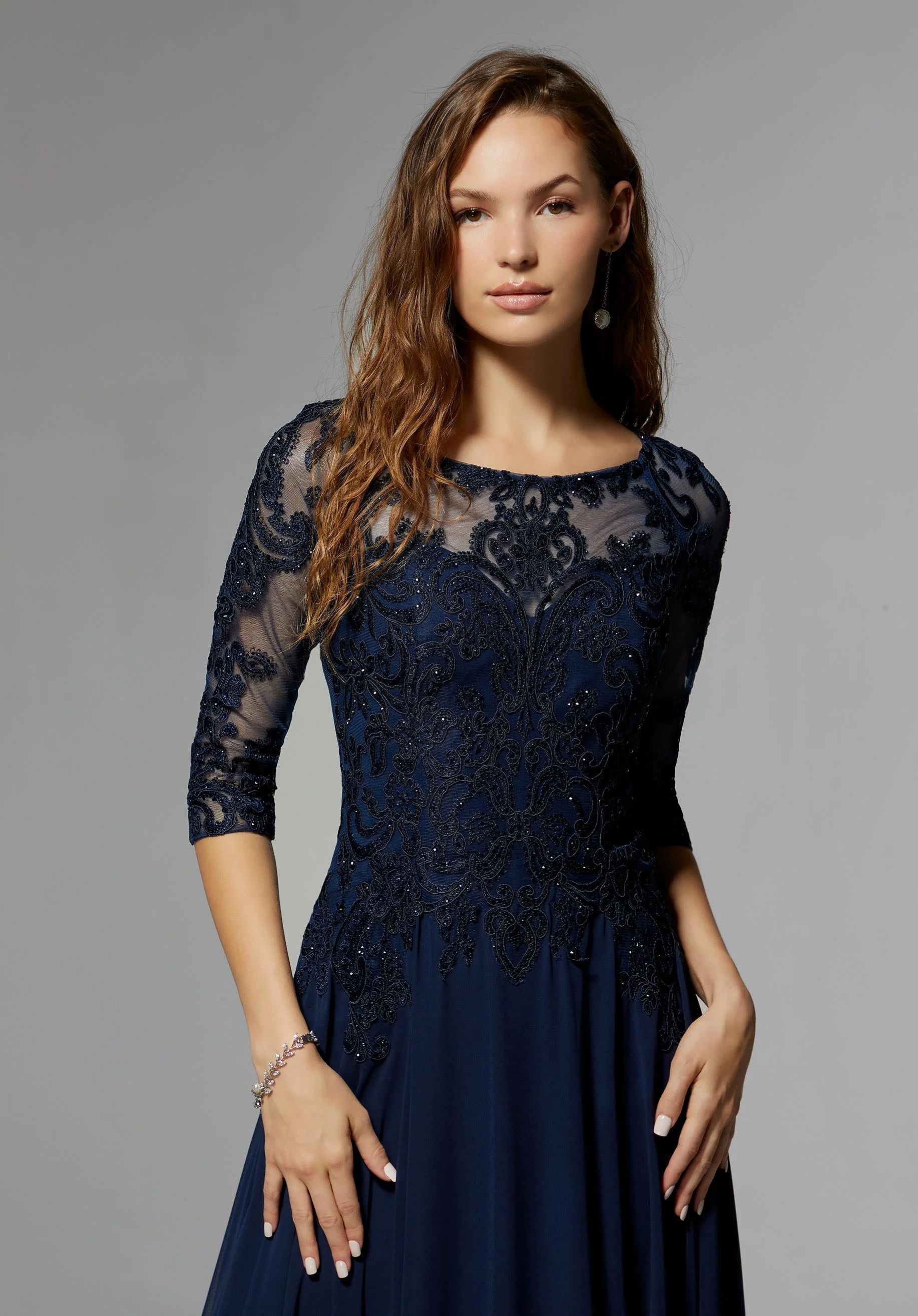 Chiffon Mother of the Occasion Gown with Beaded Bodice and 3/4 Illusion Sleeves - Image 2