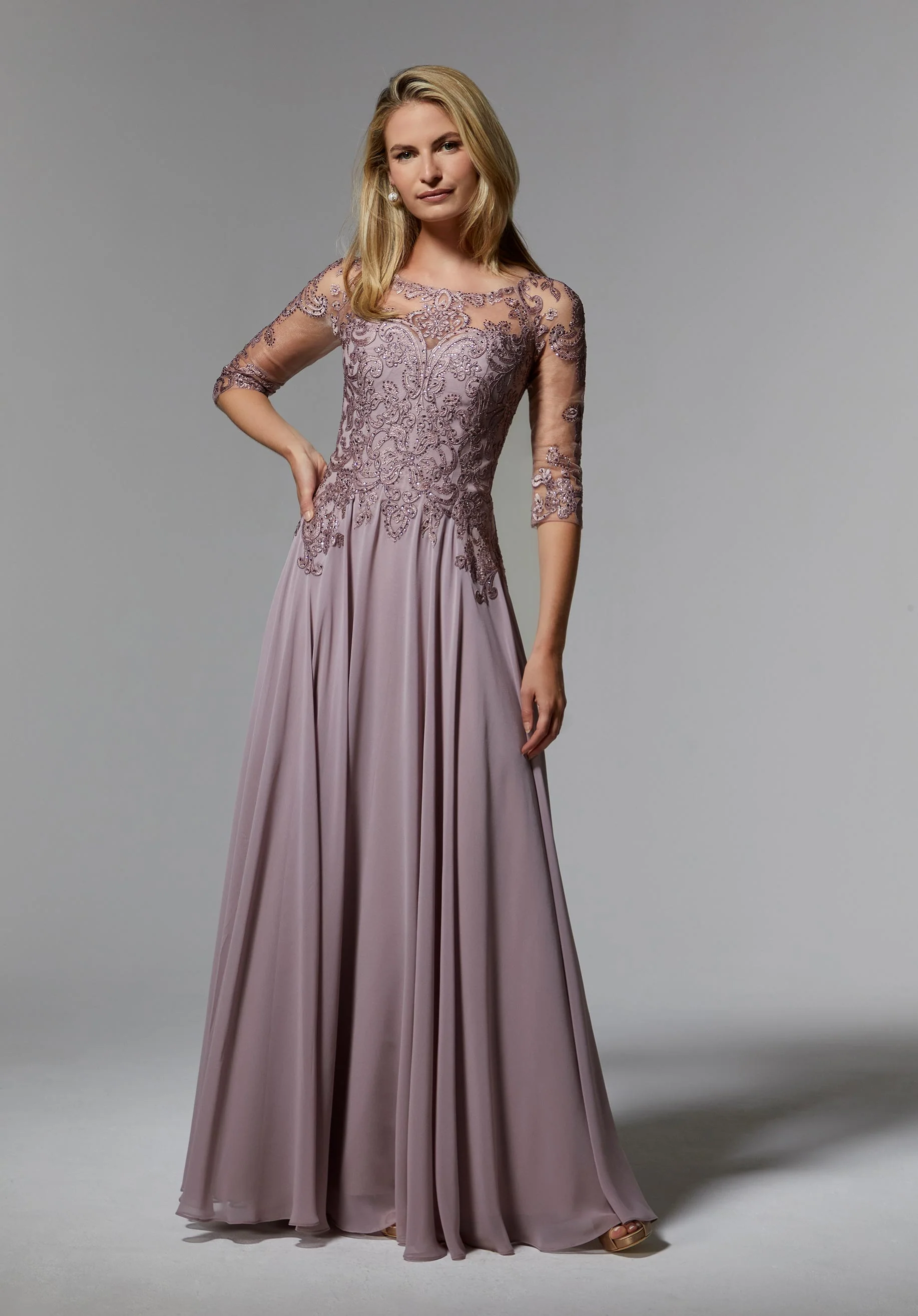 Chiffon Mother of the Occasion Gown with Beaded Bodice and 3/4 Illusion Sleeves - Image 3