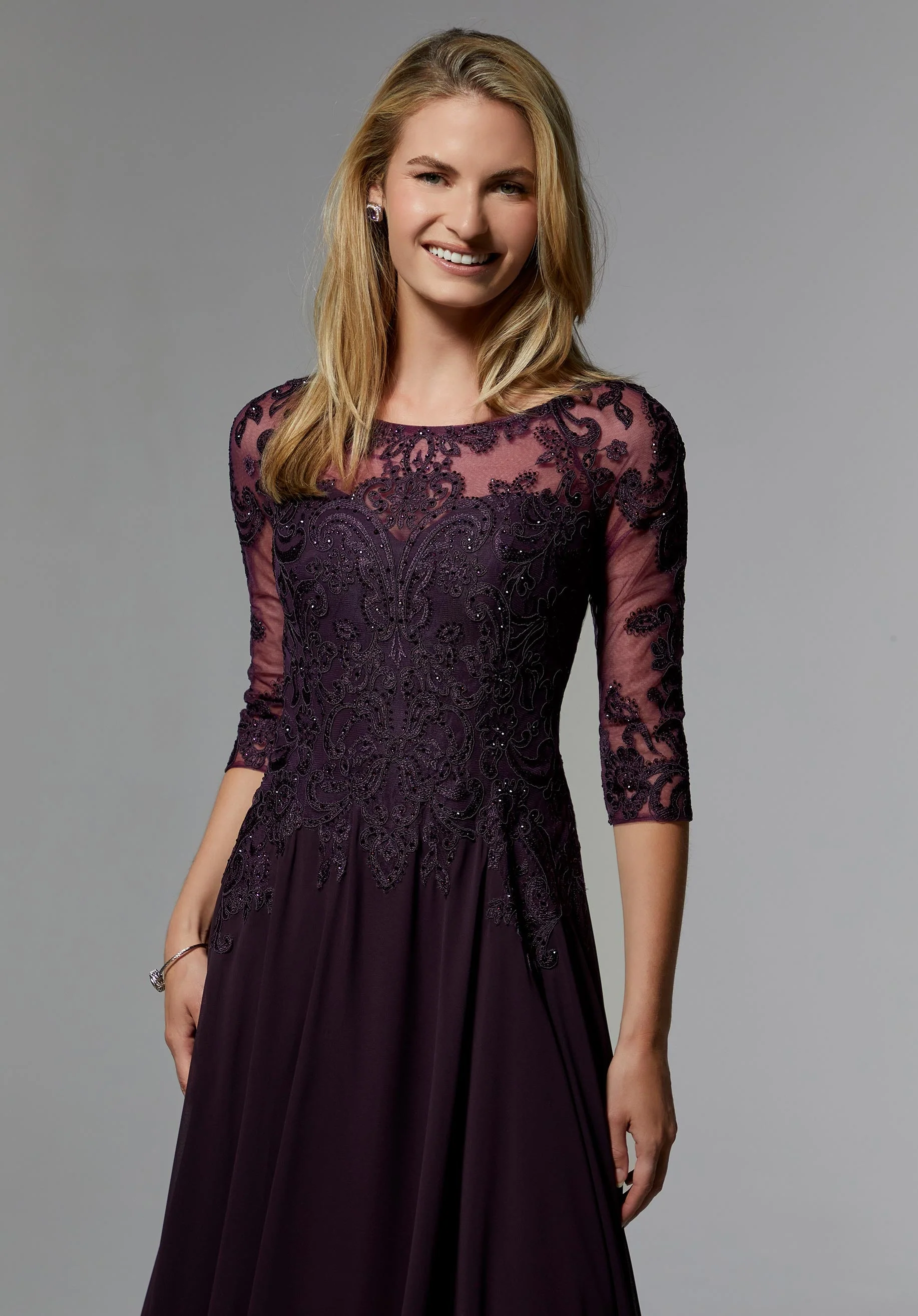Chiffon Mother of the Occasion Gown with Beaded Bodice and 3/4 Illusion Sleeves - Image 7