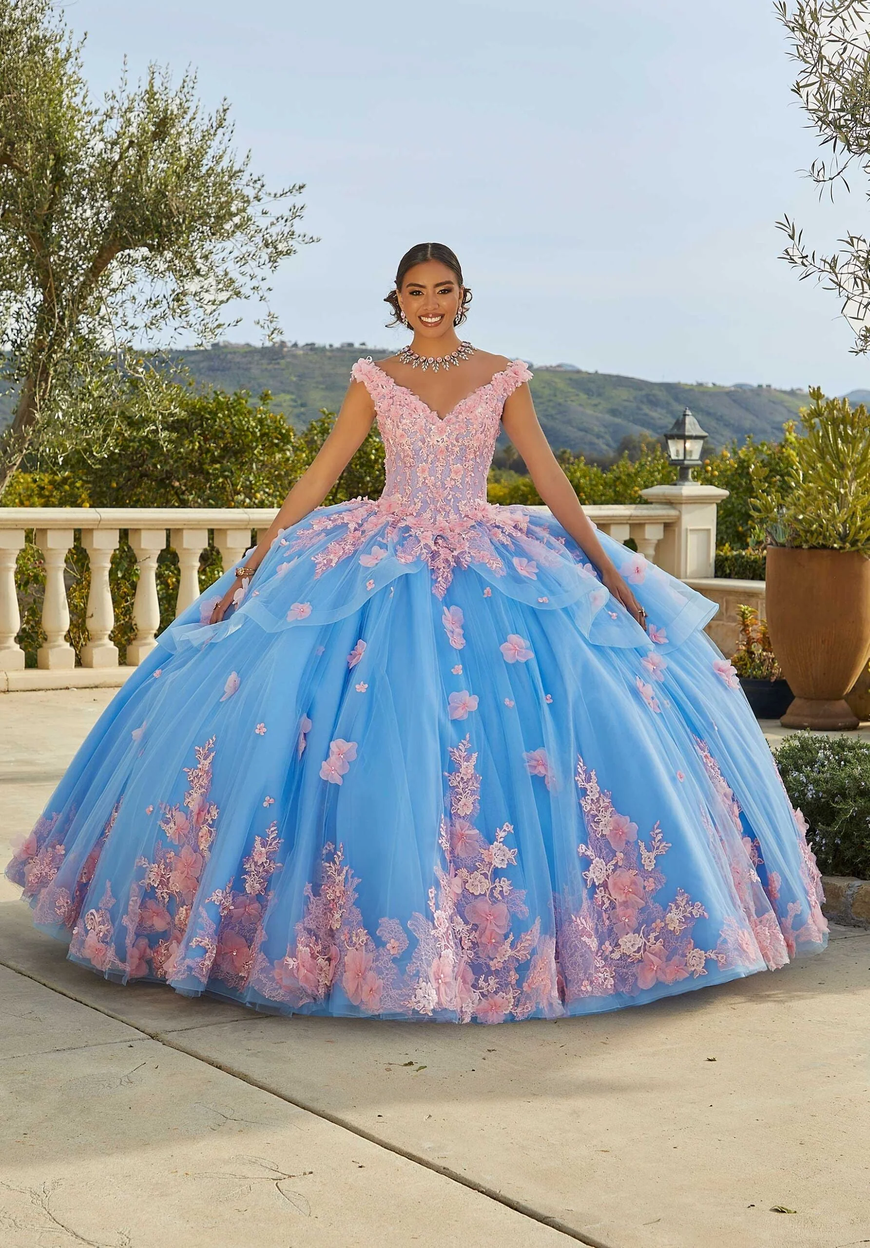 Contrasting Floral Applique Quinceañera Dress