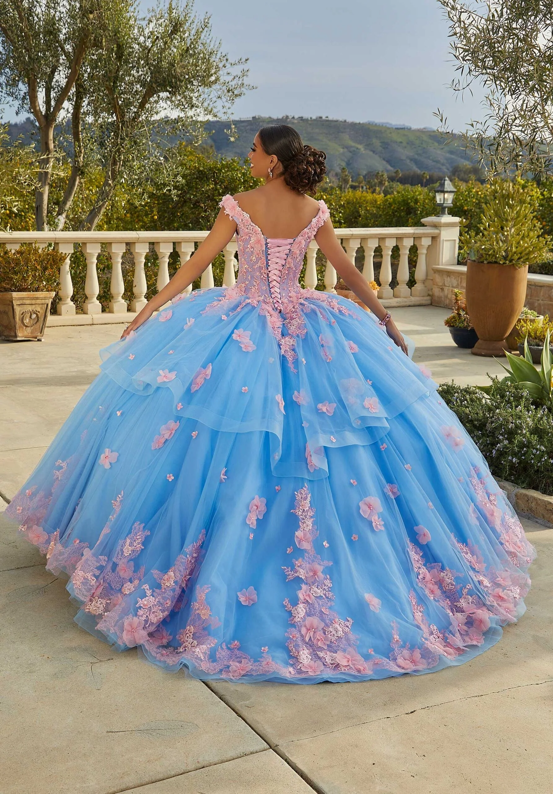 Contrasting Floral Applique Quinceañera Dress - Image 3