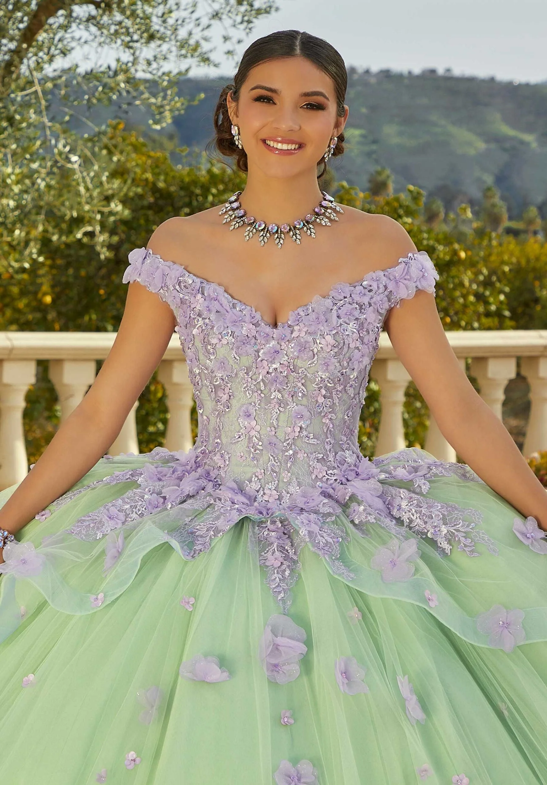 Contrasting Floral Applique Quinceañera Dress - Image 5