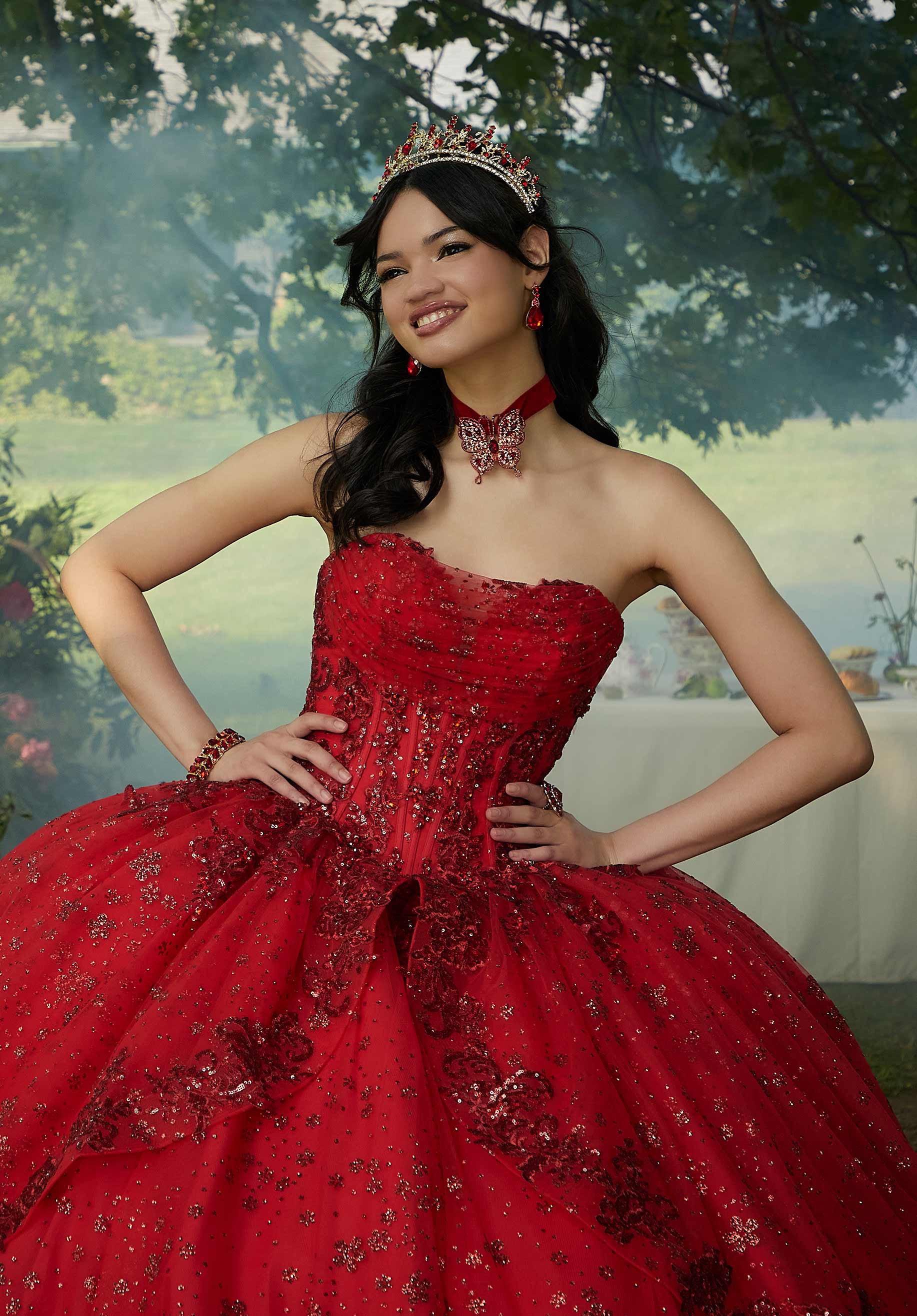 Contrasting Floral Beading Quinceañera Dress with Rhinestone Trim - Image 3