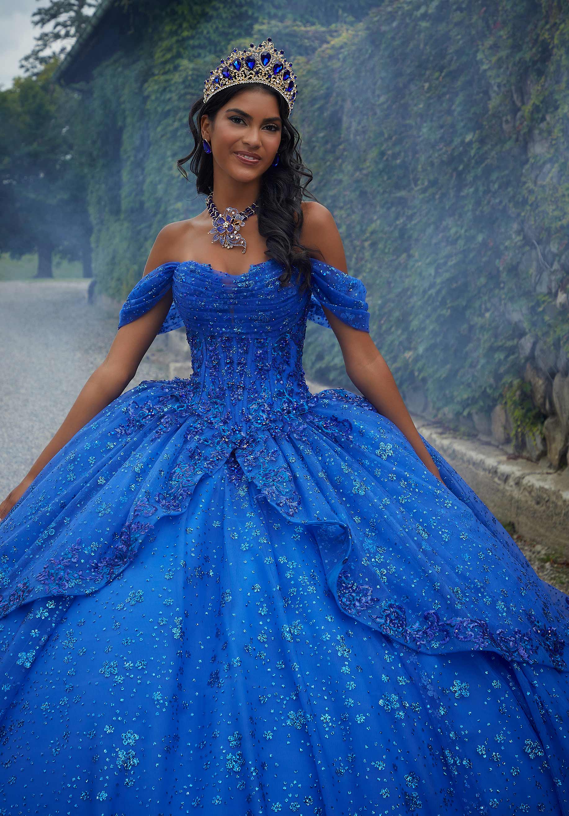 Contrasting Floral Beading Quinceañera Dress with Rhinestone Trim - Image 4