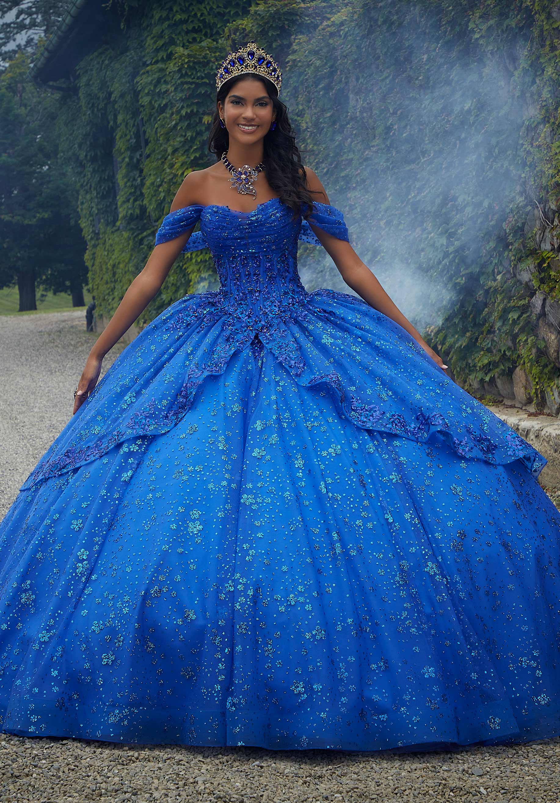 Contrasting Floral Beading Quinceañera Dress with Rhinestone Trim - Image 5