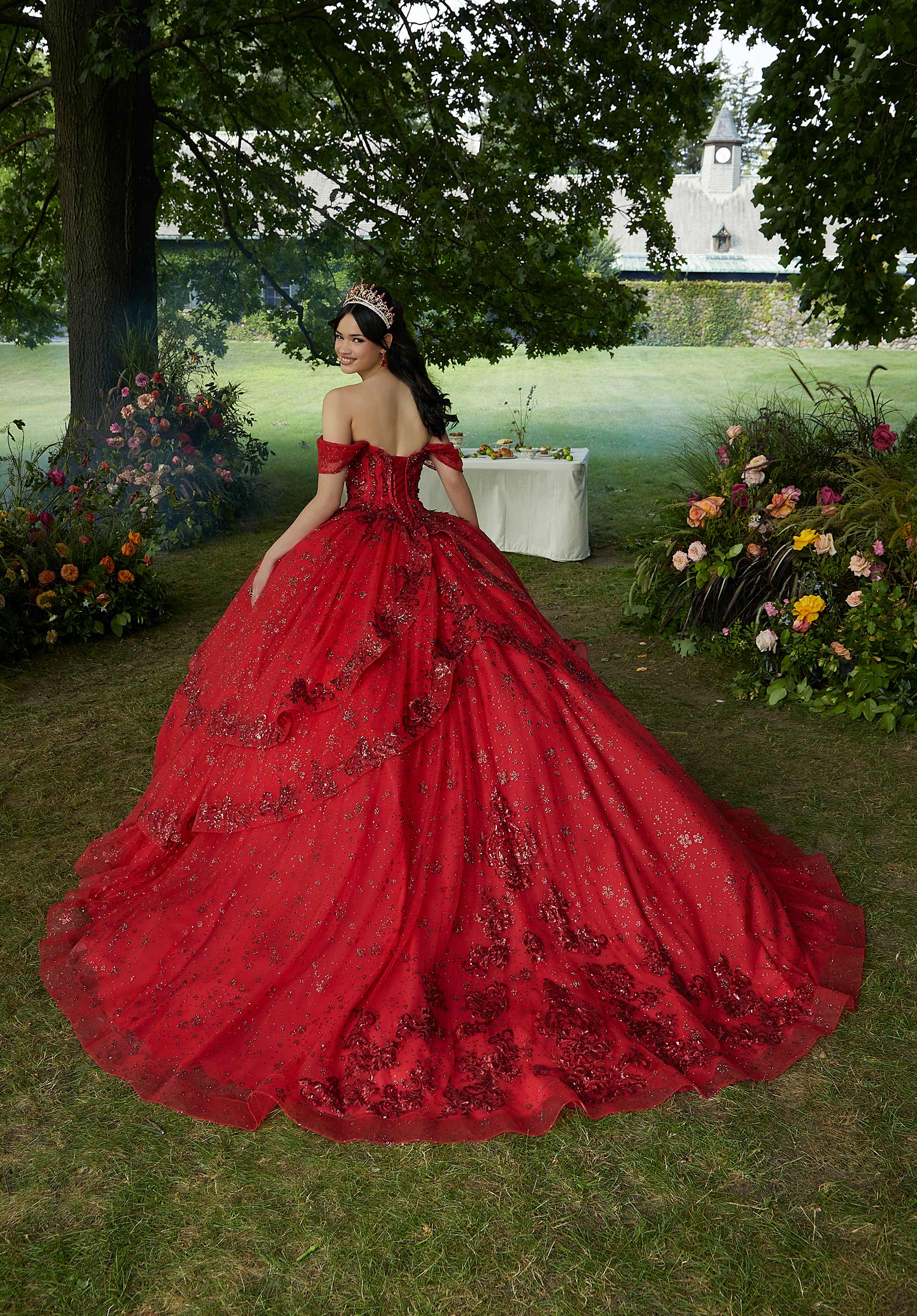 Contrasting Floral Beading Quinceañera Dress with Rhinestone Trim - Image 6