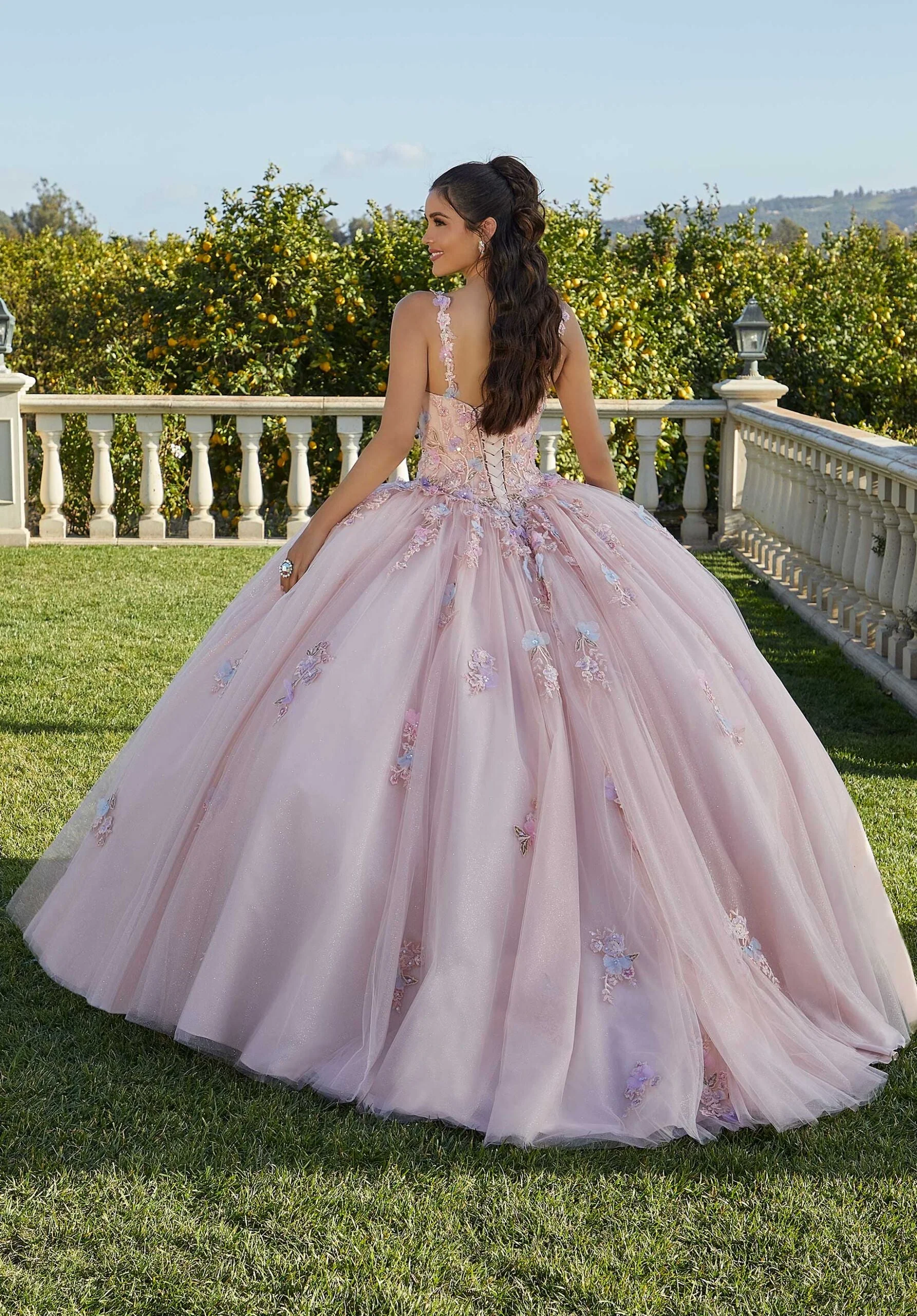 Contrasting Three-Dimensional Floral Embroidered Quinceañera Dress - Image 3