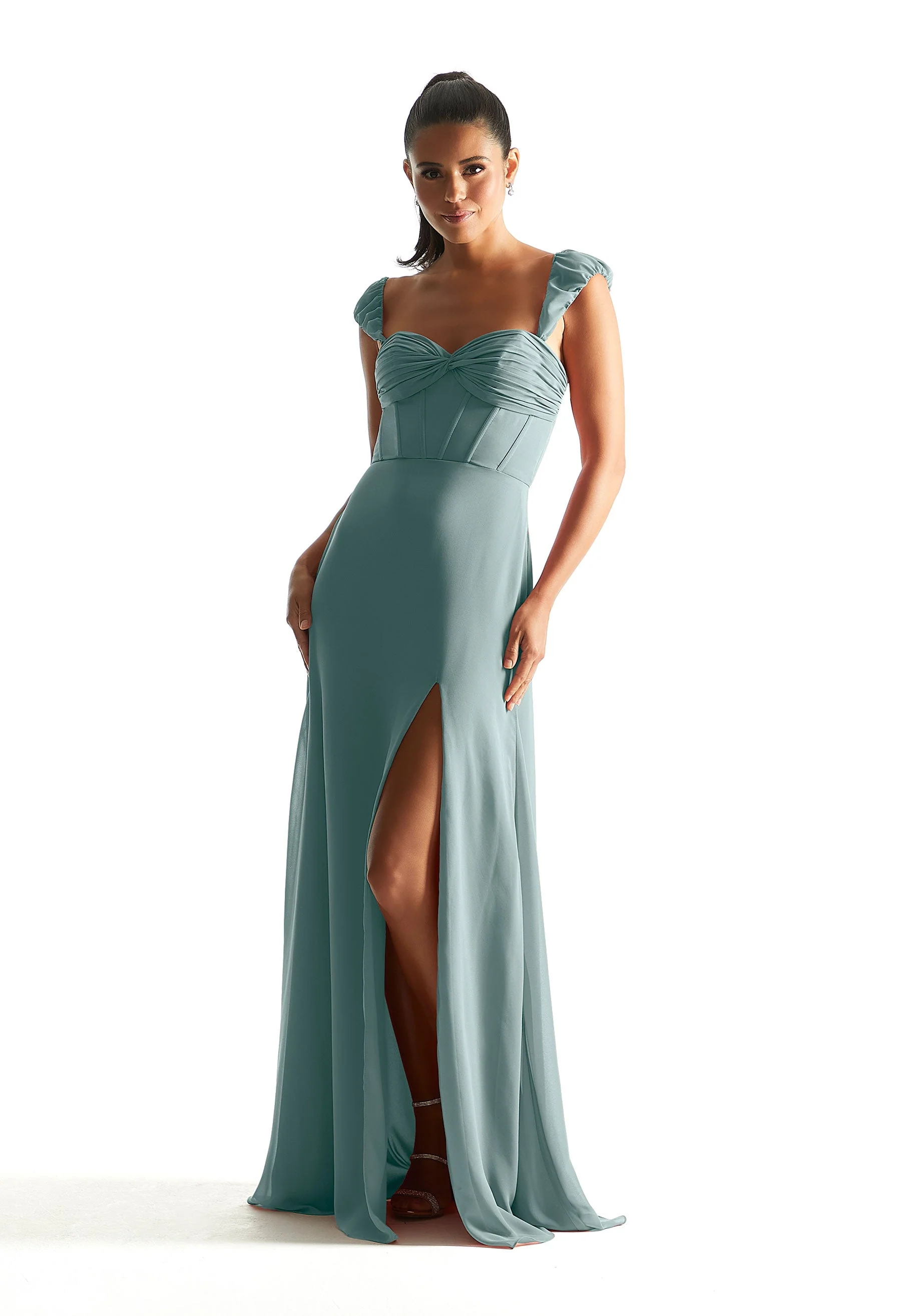 Corset Chiffon Bridesmaid Dress with Detachable Sleeves - Image 28