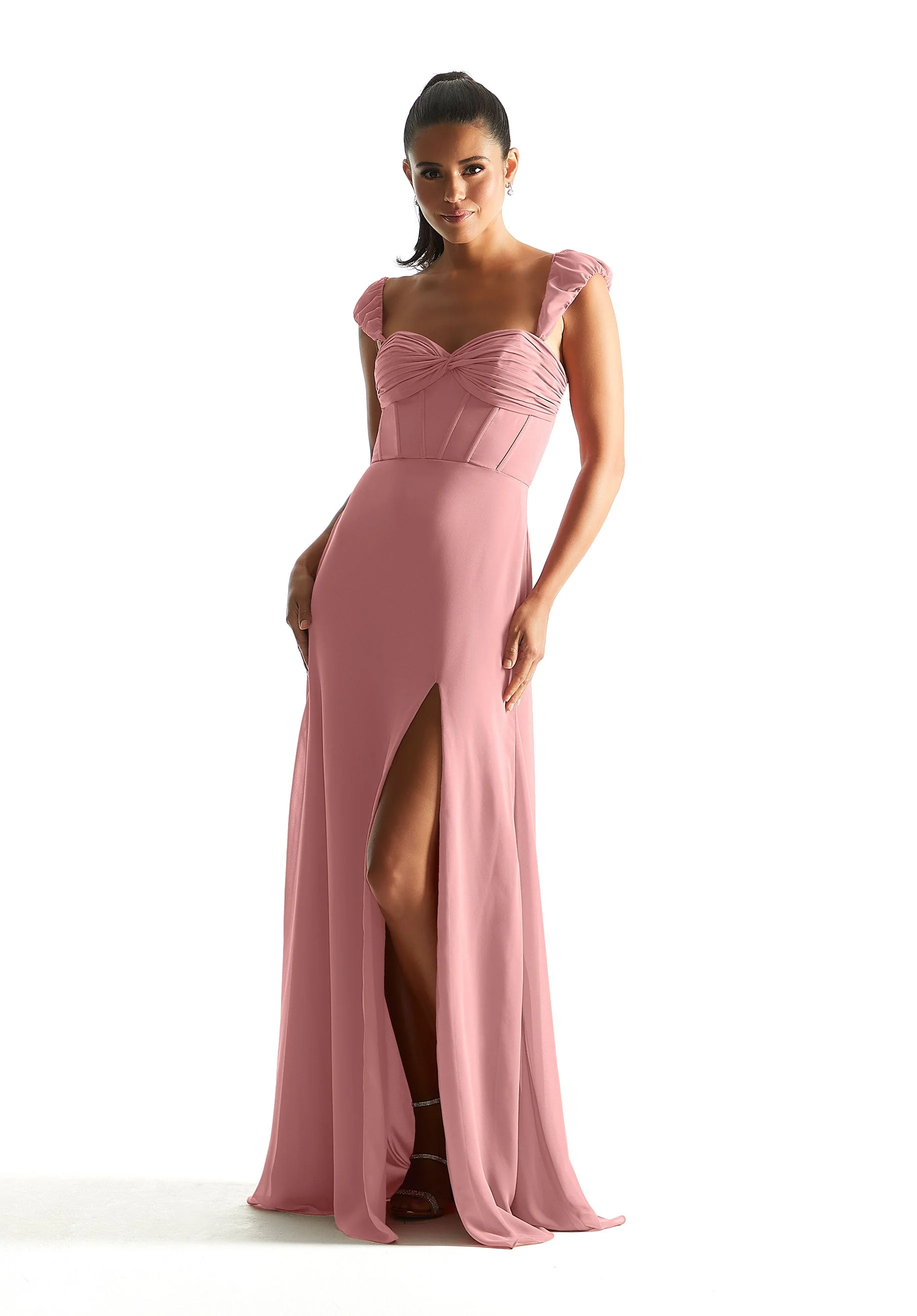 Corset Chiffon Bridesmaid Dress with Detachable Sleeves - Image 29