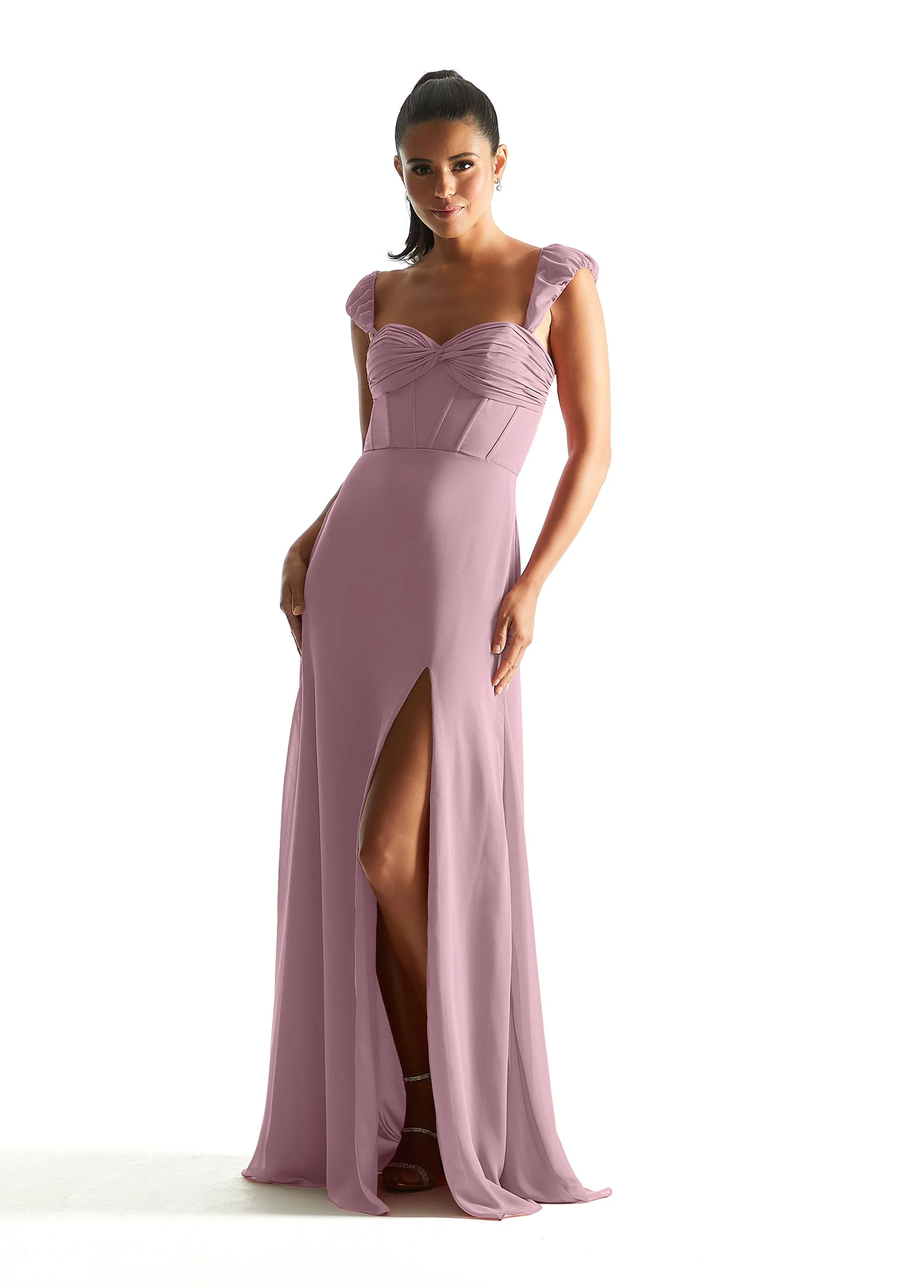 Corset Chiffon Bridesmaid Dress with Detachable Sleeves - Image 36