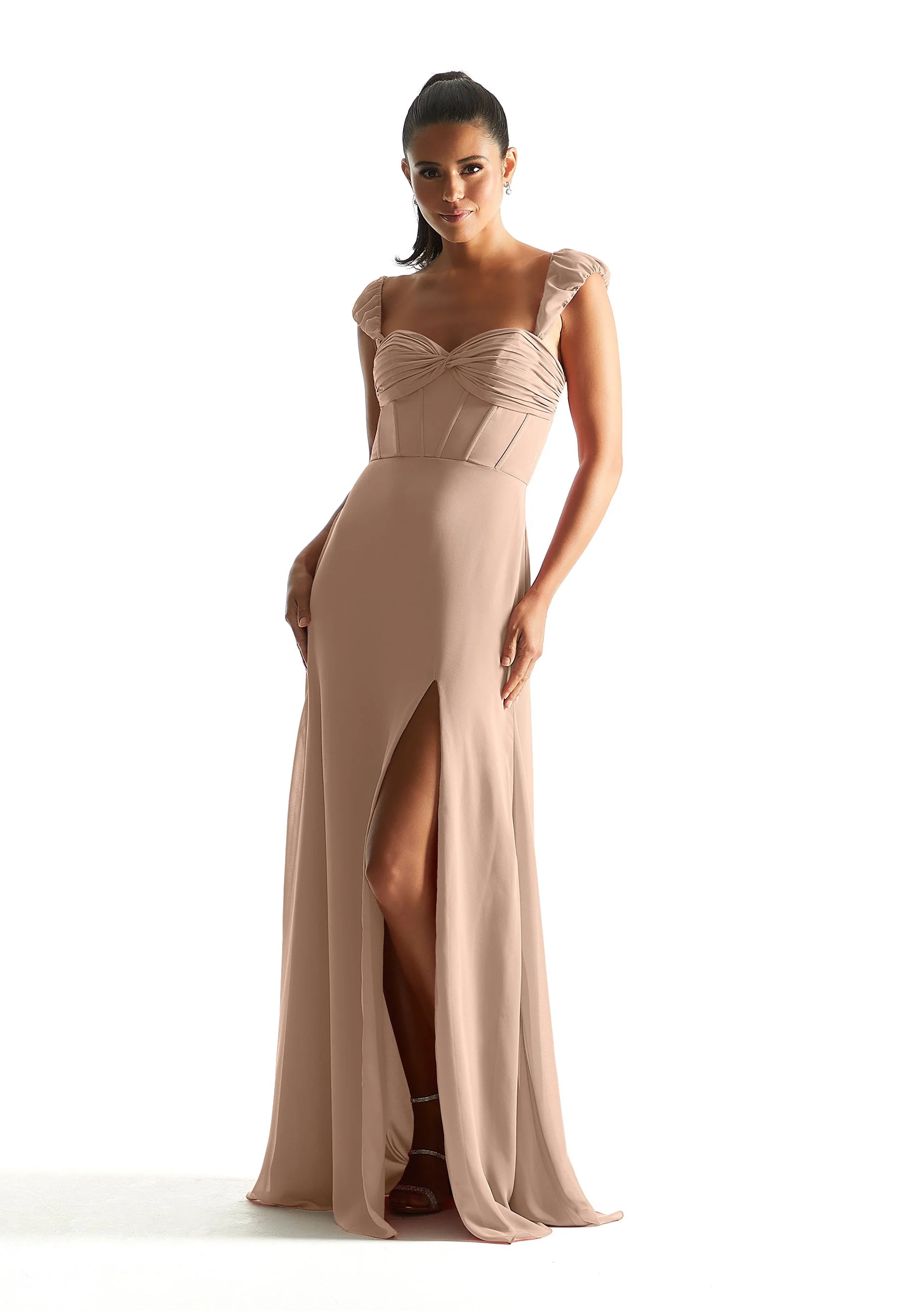 Corset Chiffon Bridesmaid Dress with Detachable Sleeves - Image 37