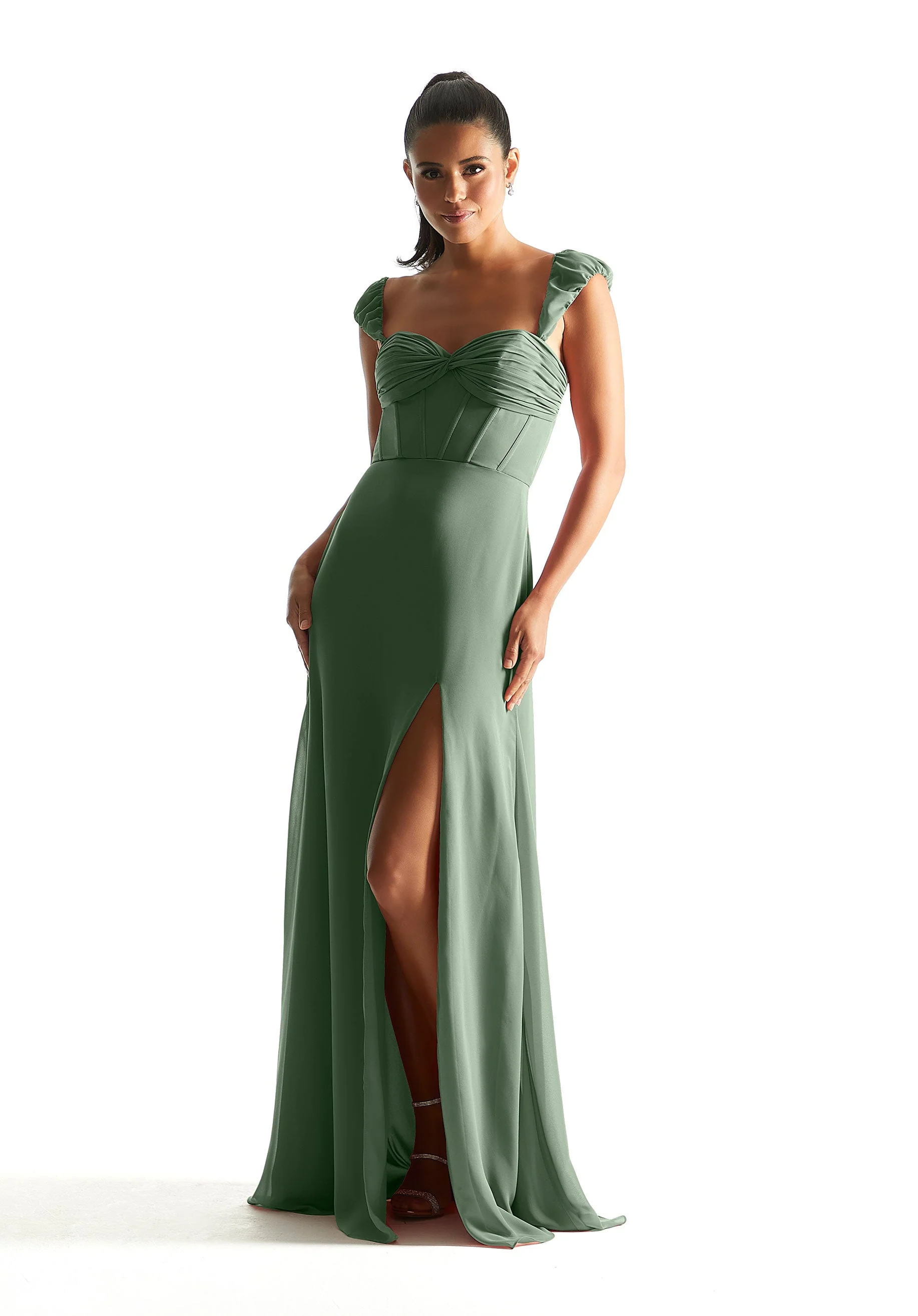 Corset Chiffon Bridesmaid Dress with Detachable Sleeves - Image 40