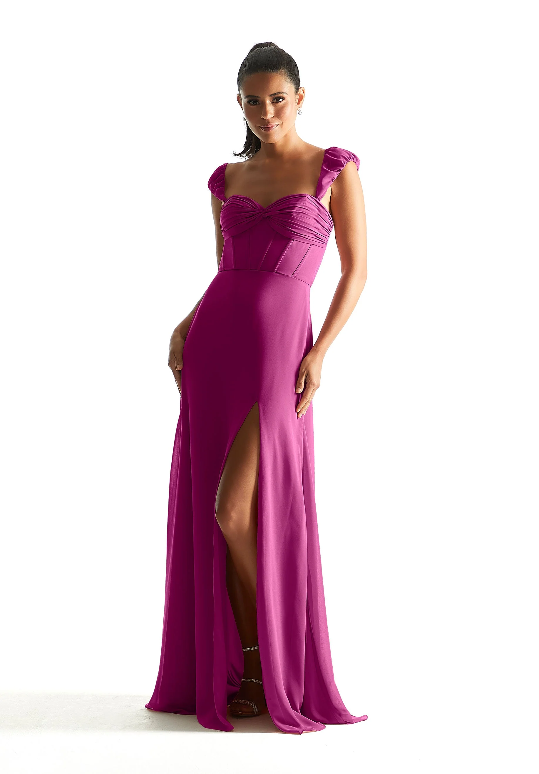 Corset Chiffon Bridesmaid Dress with Detachable Sleeves - Image 41