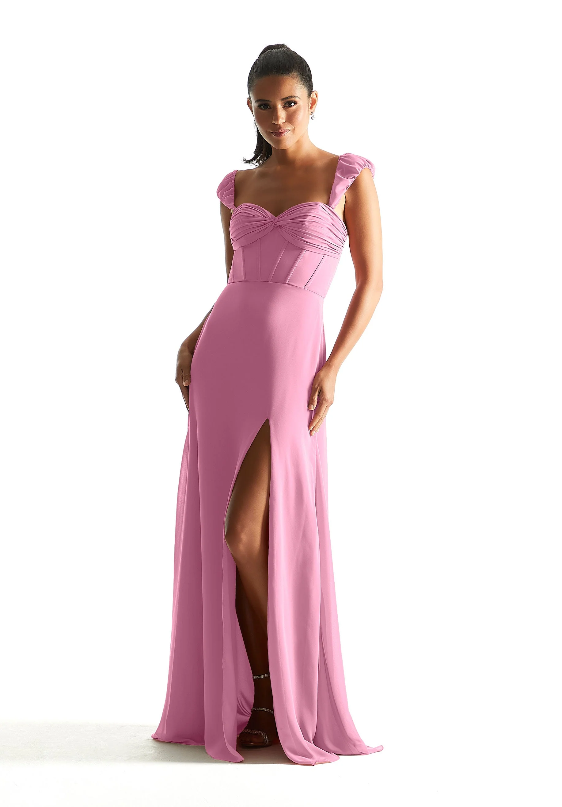 Corset Chiffon Bridesmaid Dress with Detachable Sleeves - Image 44