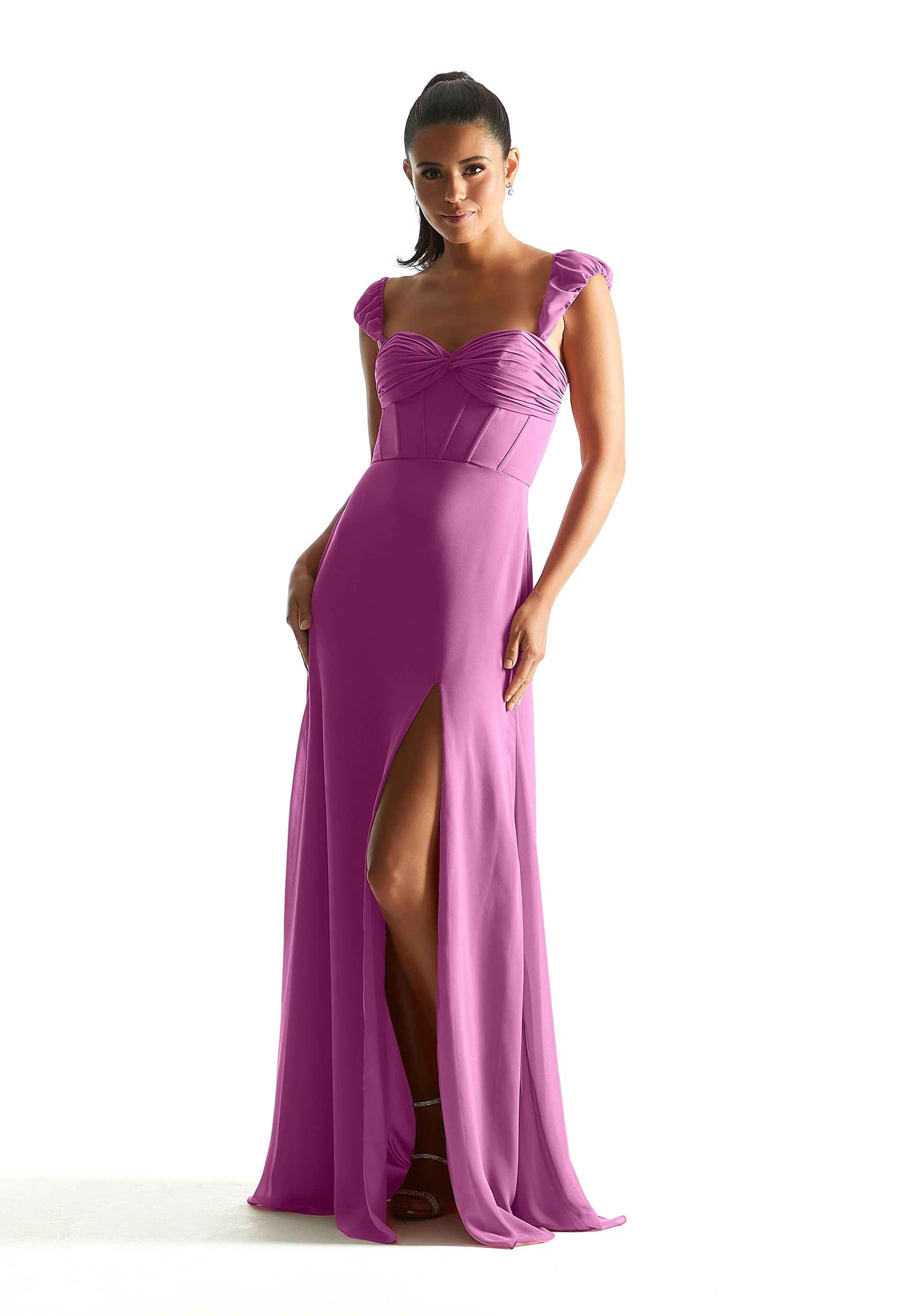 Corset Chiffon Bridesmaid Dress with Detachable Sleeves - Image 45