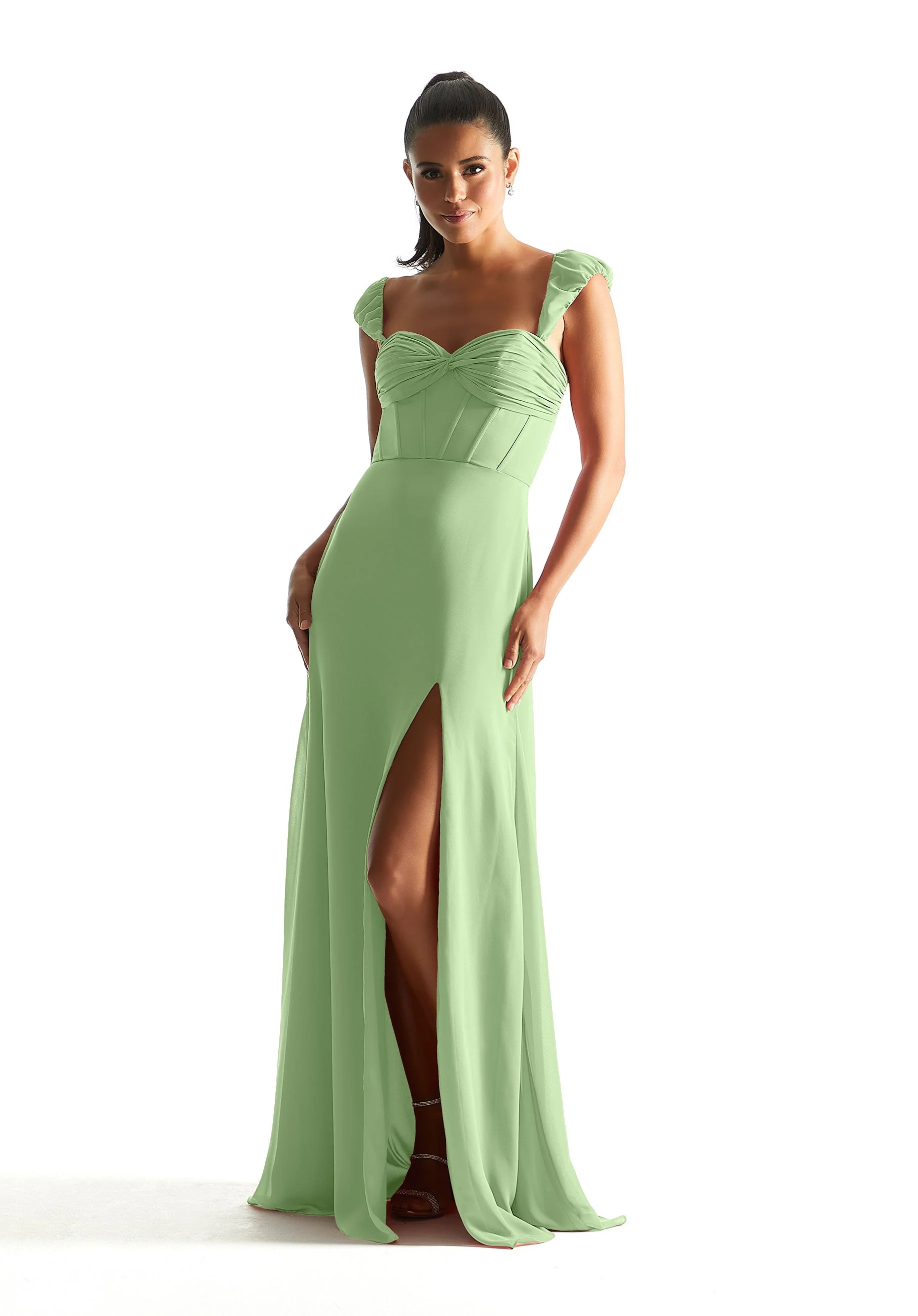 Corset Chiffon Bridesmaid Dress with Detachable Sleeves - Image 47