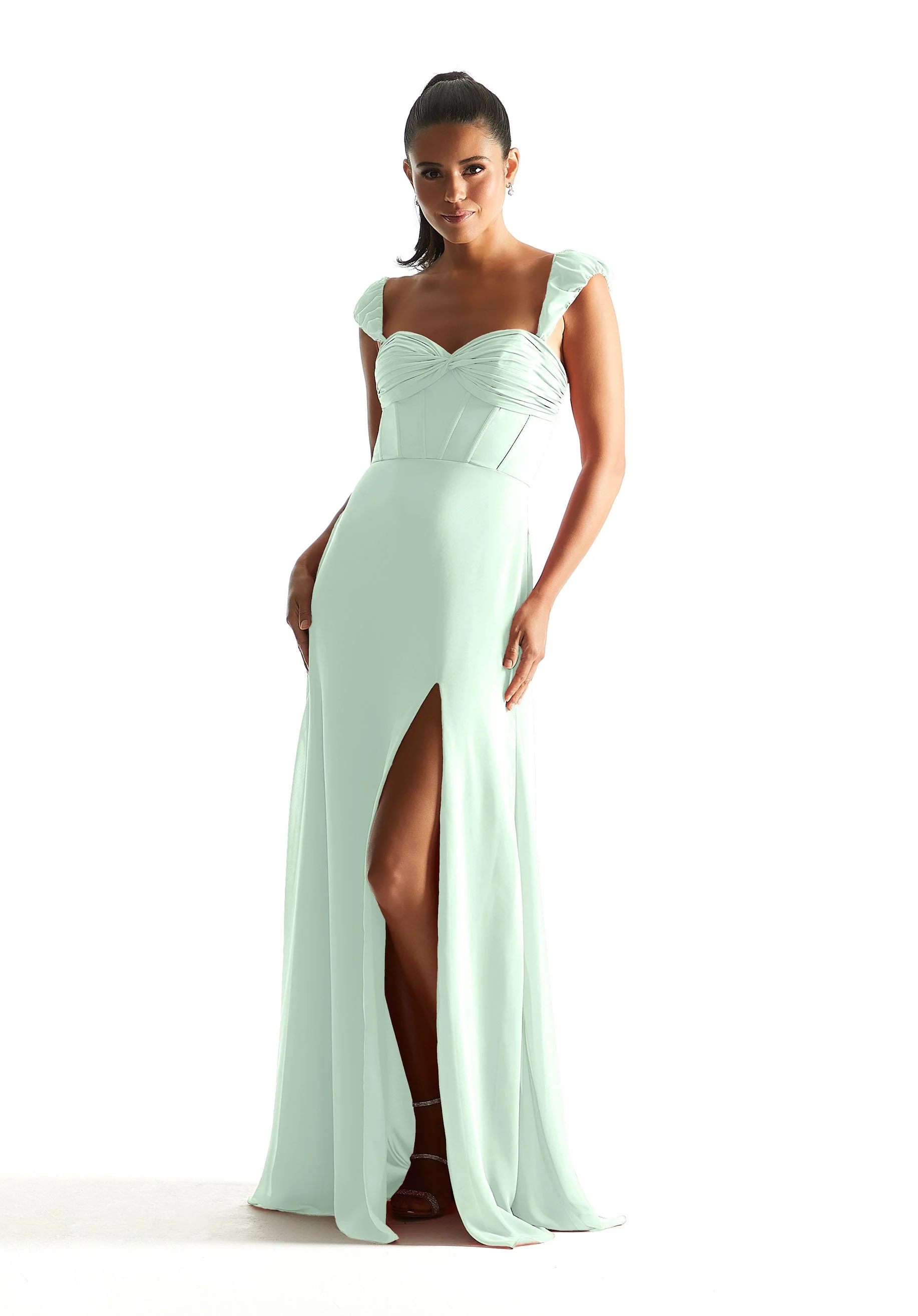 Corset Chiffon Bridesmaid Dress with Detachable Sleeves - Image 49