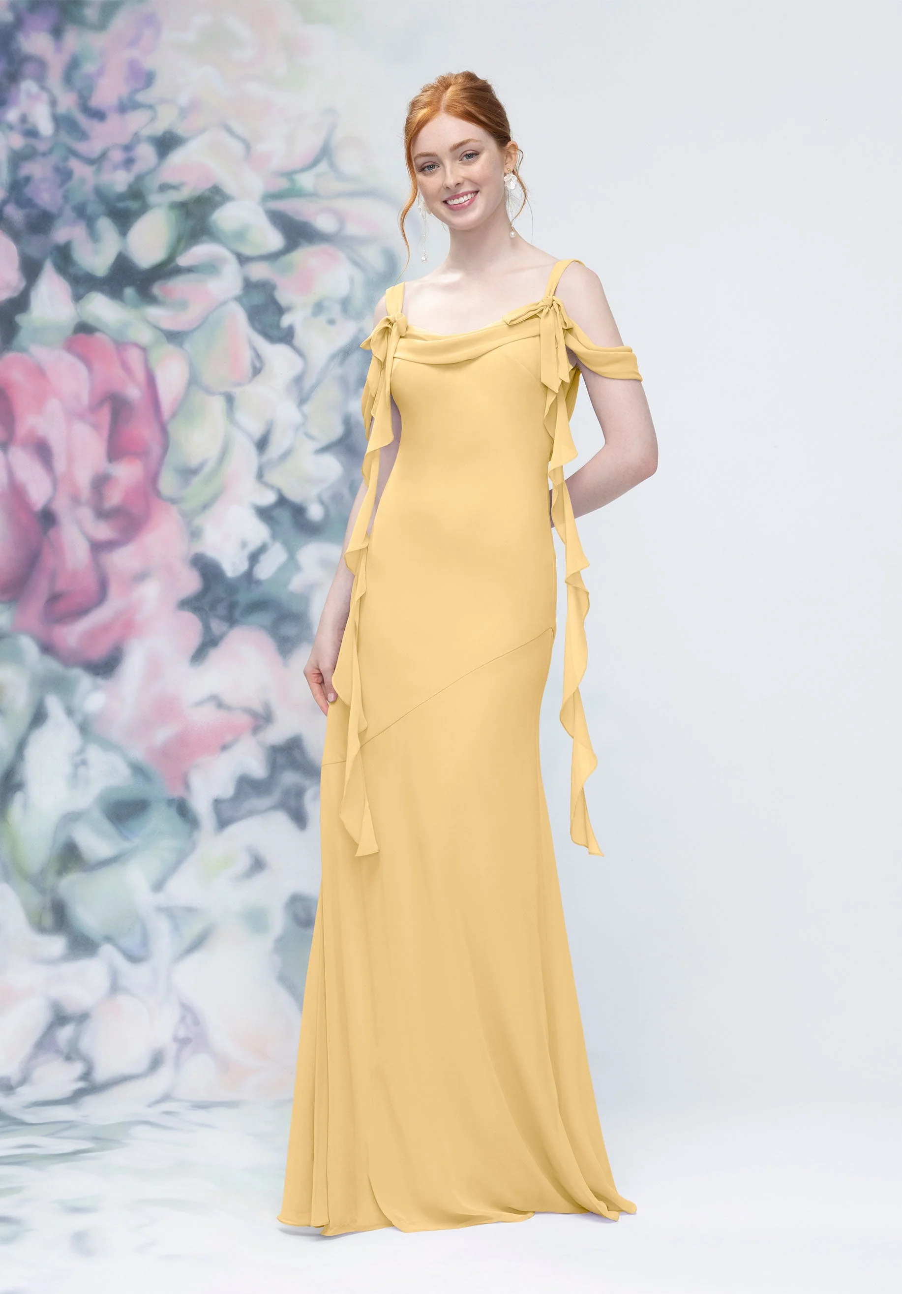 Cowl Detail Bias Cut Chiffon Bridesmaid Dress with Ruffle Drape - Image 13