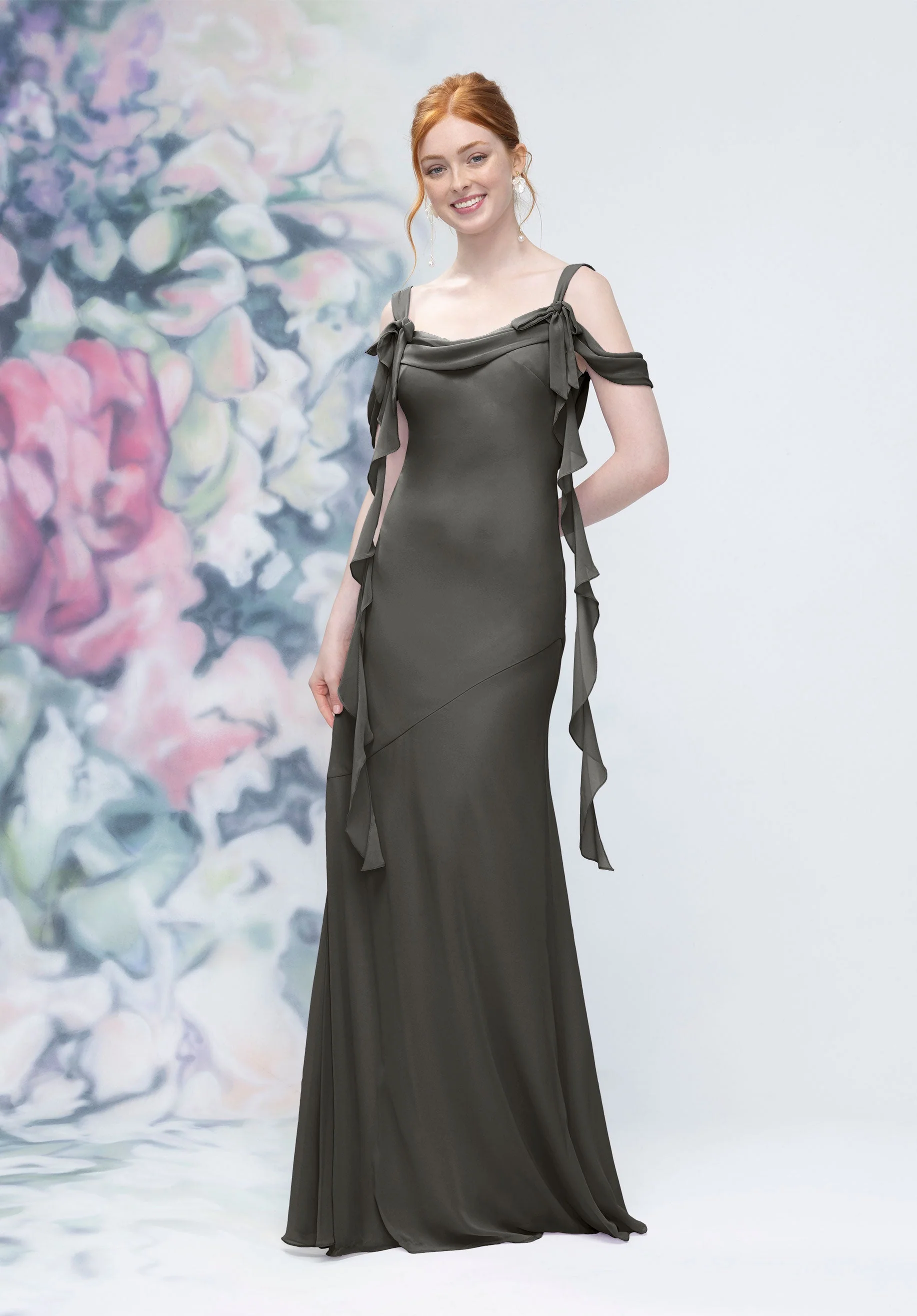 Cowl Detail Bias Cut Chiffon Bridesmaid Dress with Ruffle Drape - Image 16
