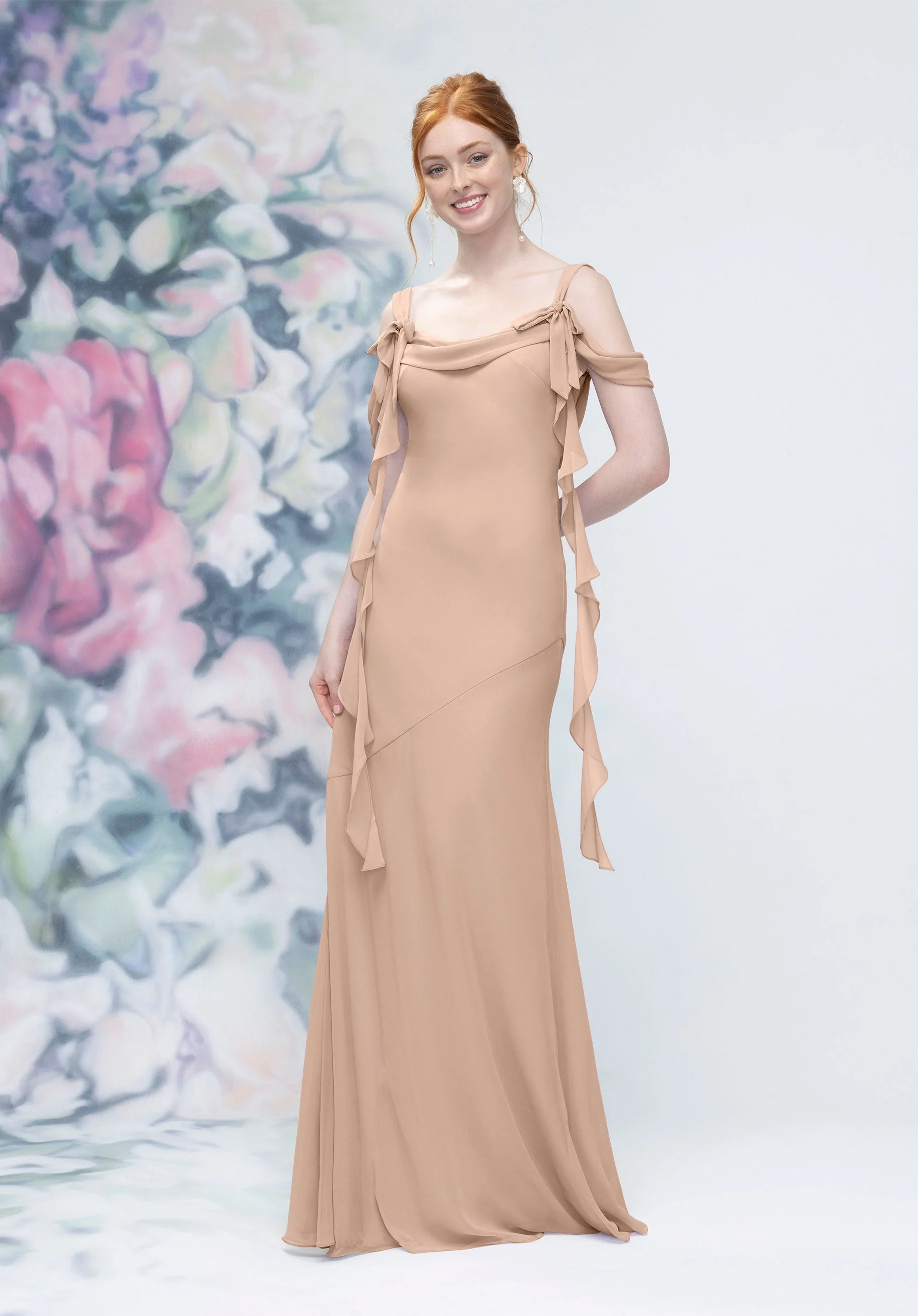 Cowl Detail Bias Cut Chiffon Bridesmaid Dress with Ruffle Drape - Image 32