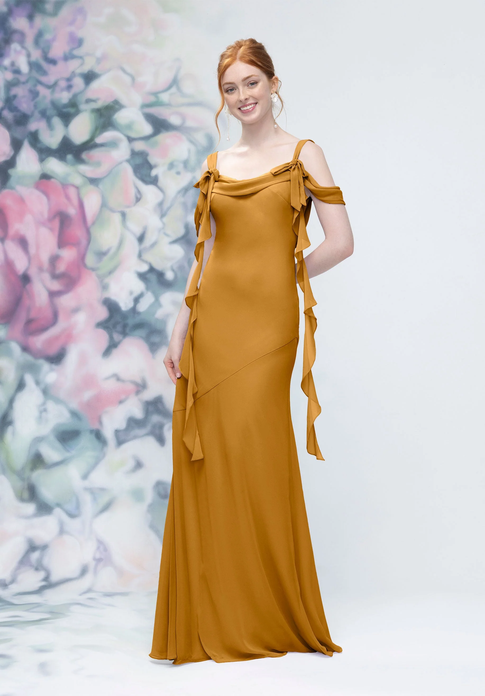 Cowl Detail Bias Cut Chiffon Bridesmaid Dress with Ruffle Drape - Image 43