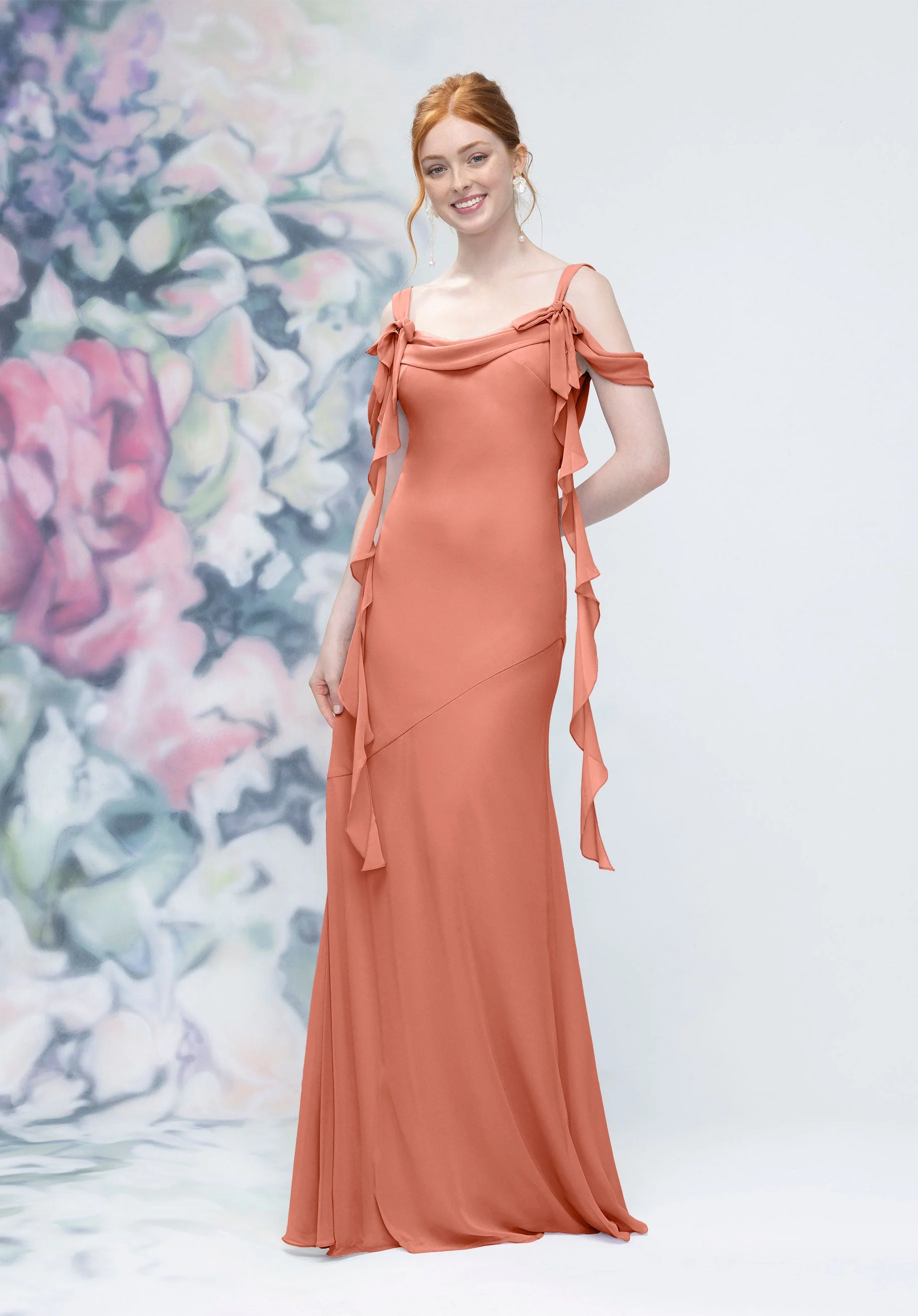 Cowl Detail Bias Cut Chiffon Bridesmaid Dress with Ruffle Drape - Image 50