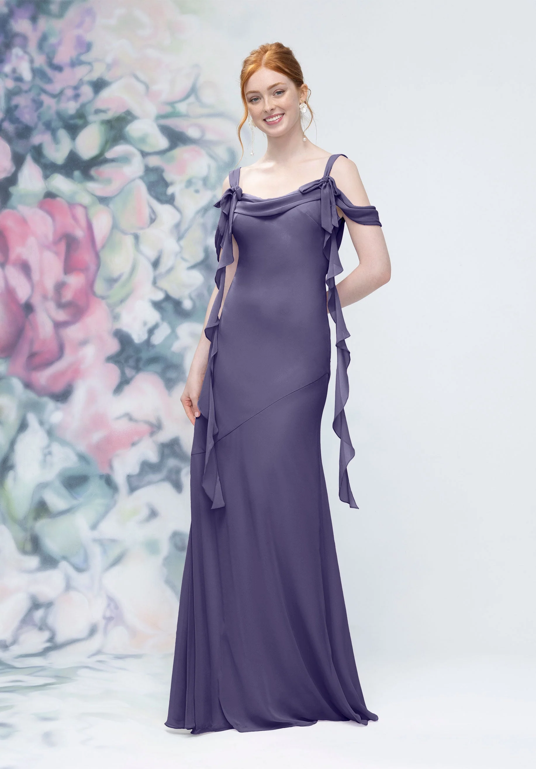Cowl Detail Bias Cut Chiffon Bridesmaid Dress with Ruffle Drape - Image 51