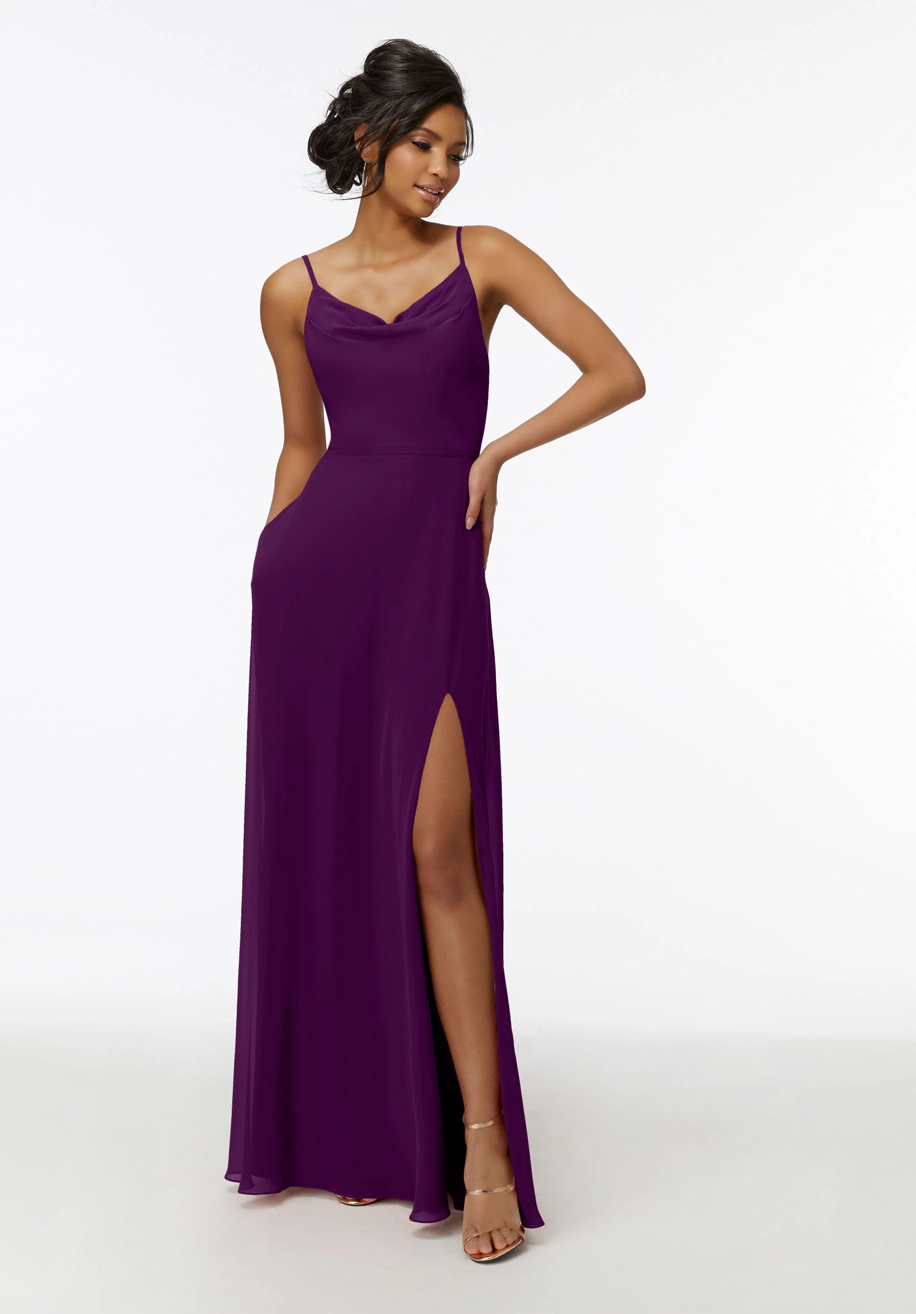 Cowl Neck Chiffon Bridesmaid Dress with Front Slit - Image 27