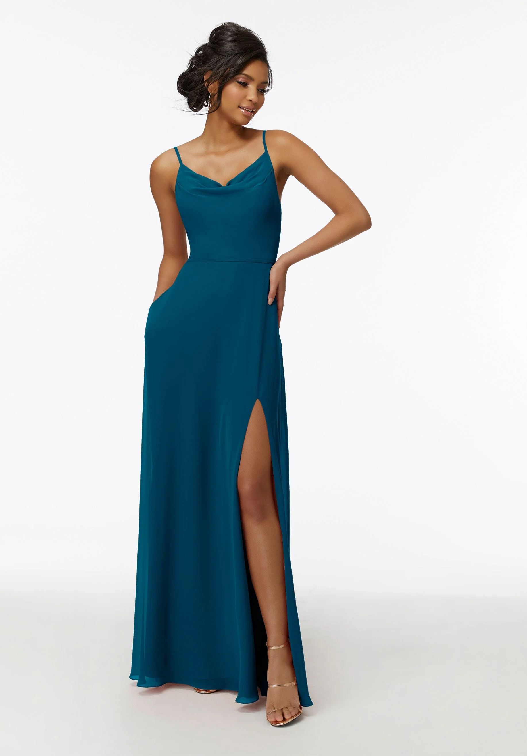 Cowl Neck Chiffon Bridesmaid Dress with Front Slit - Image 33