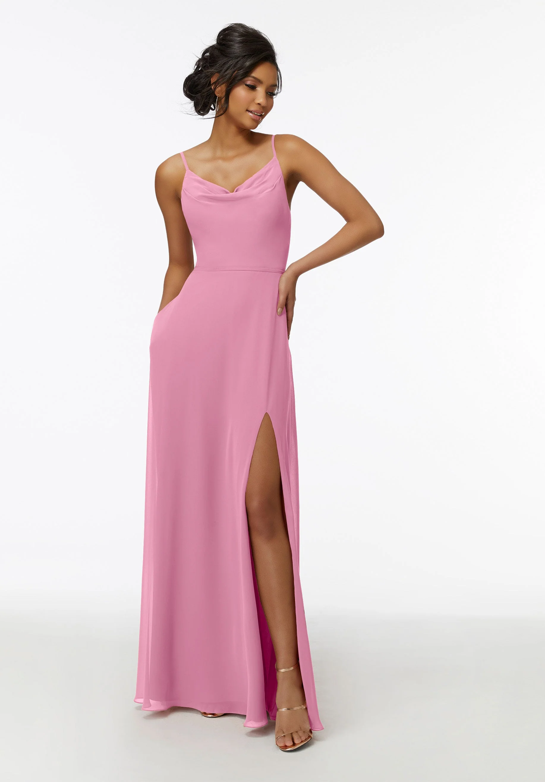 Cowl Neck Chiffon Bridesmaid Dress with Front Slit - Image 39