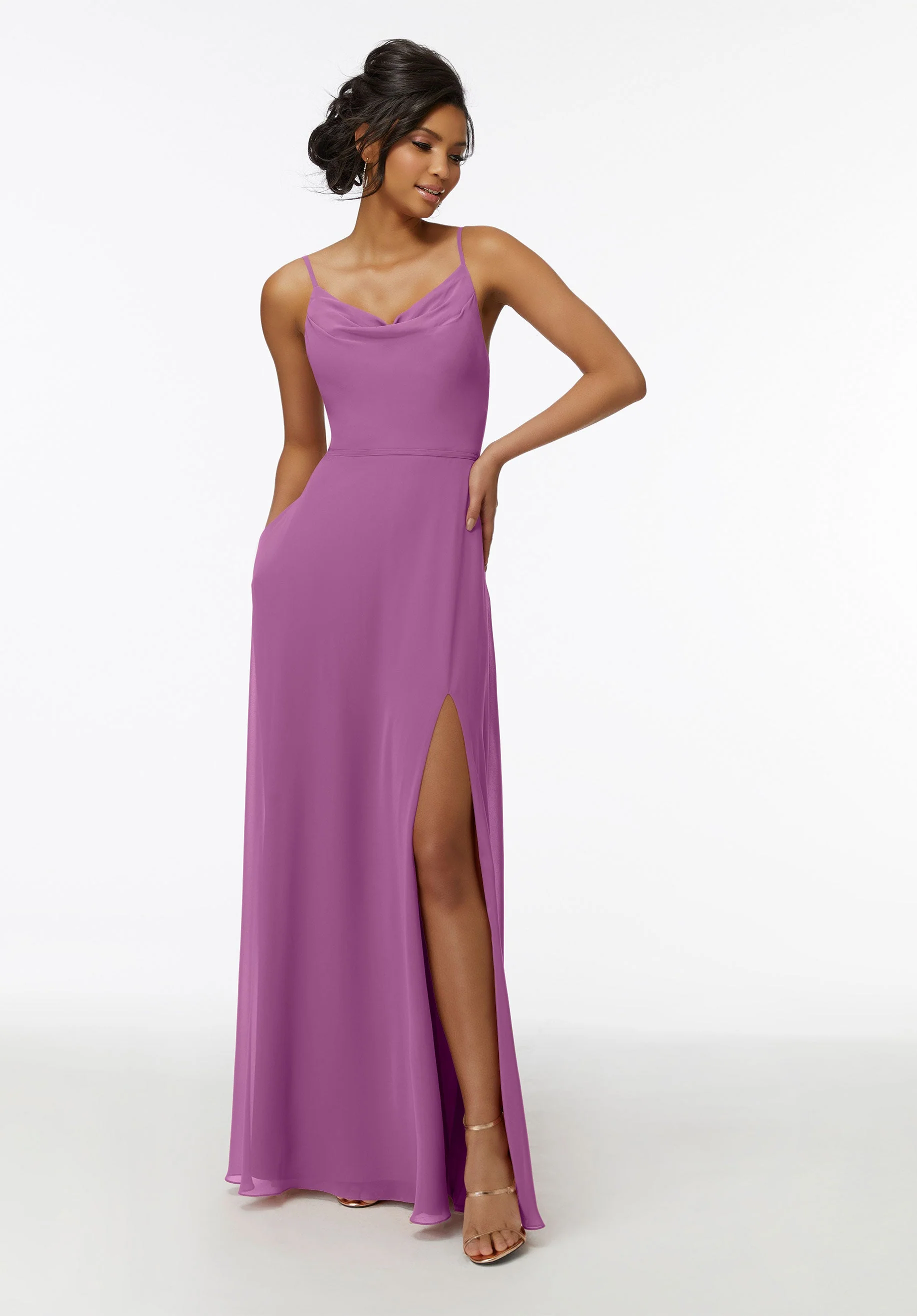 Cowl Neck Chiffon Bridesmaid Dress with Front Slit - Image 40