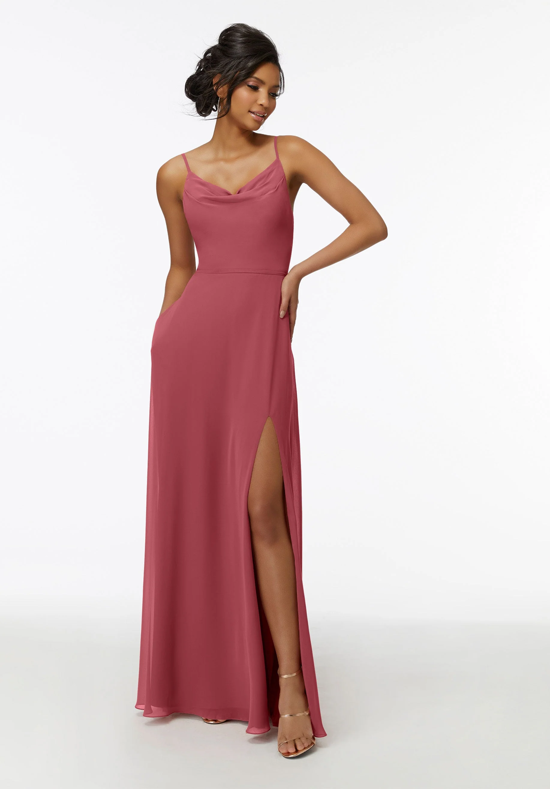 Cowl Neck Chiffon Bridesmaid Dress with Front Slit - Image 41