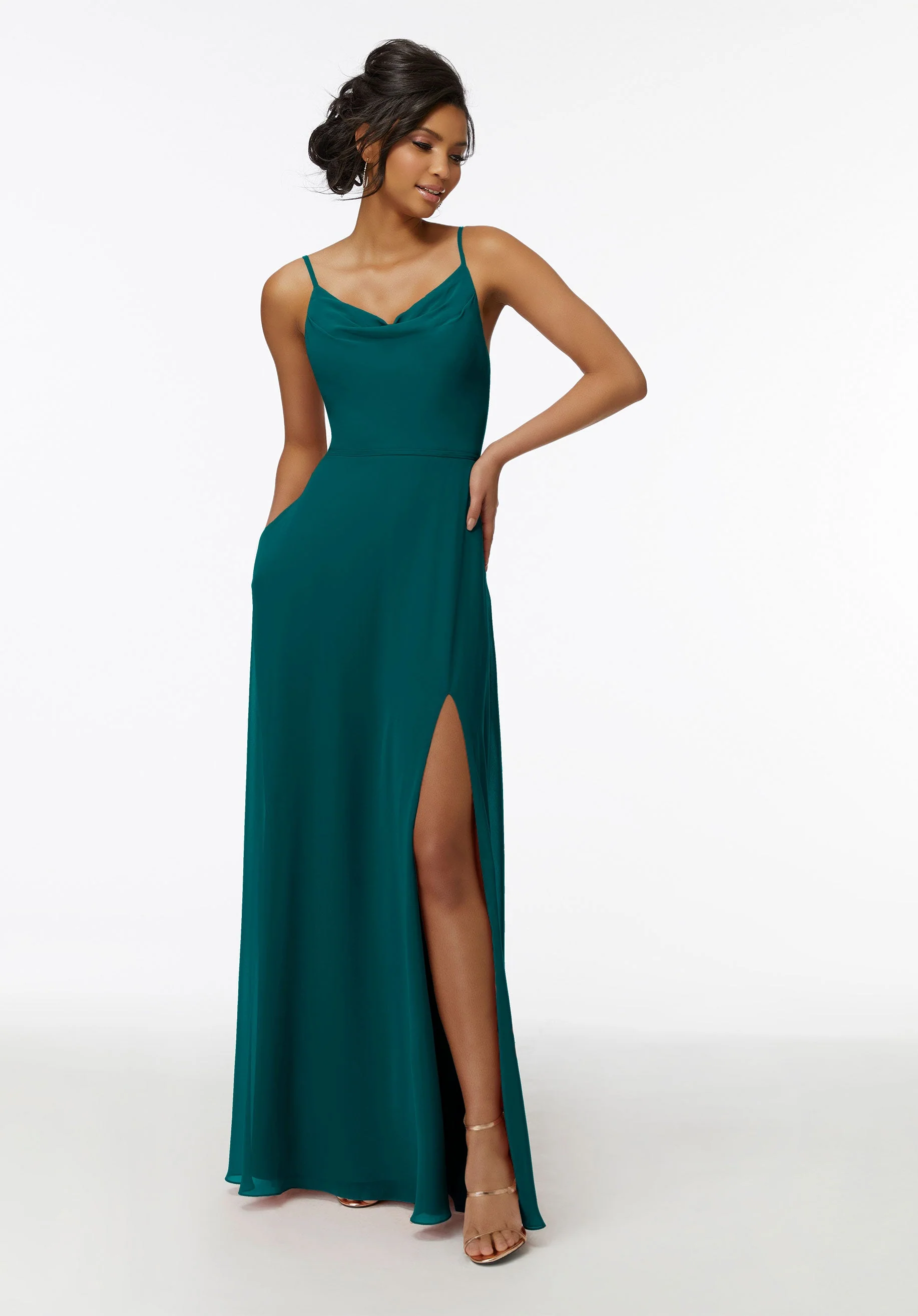 Cowl Neck Chiffon Bridesmaid Dress with Front Slit - Image 50