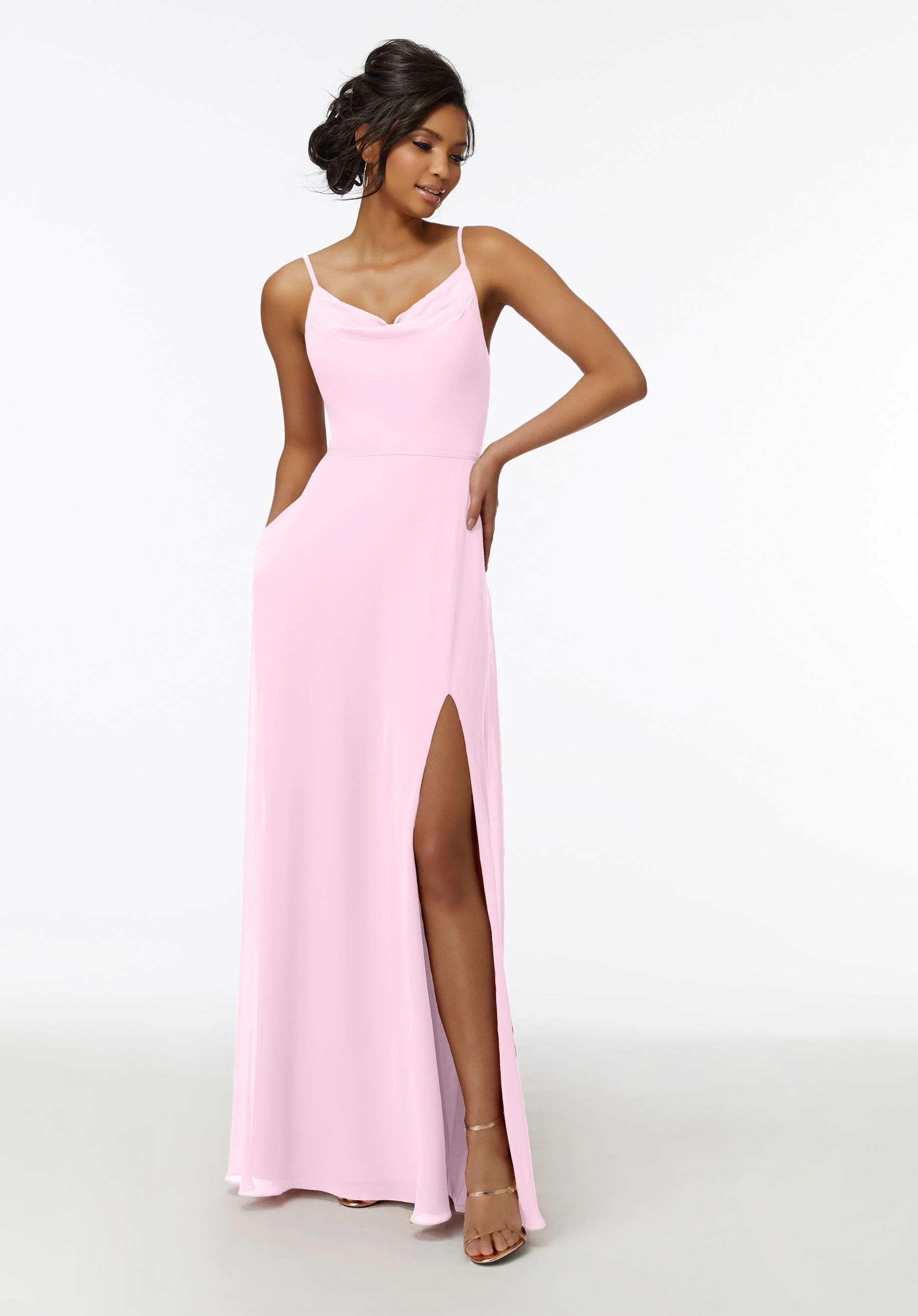 Cowl Neck Chiffon Bridesmaid Dress with Front Slit - Image 52