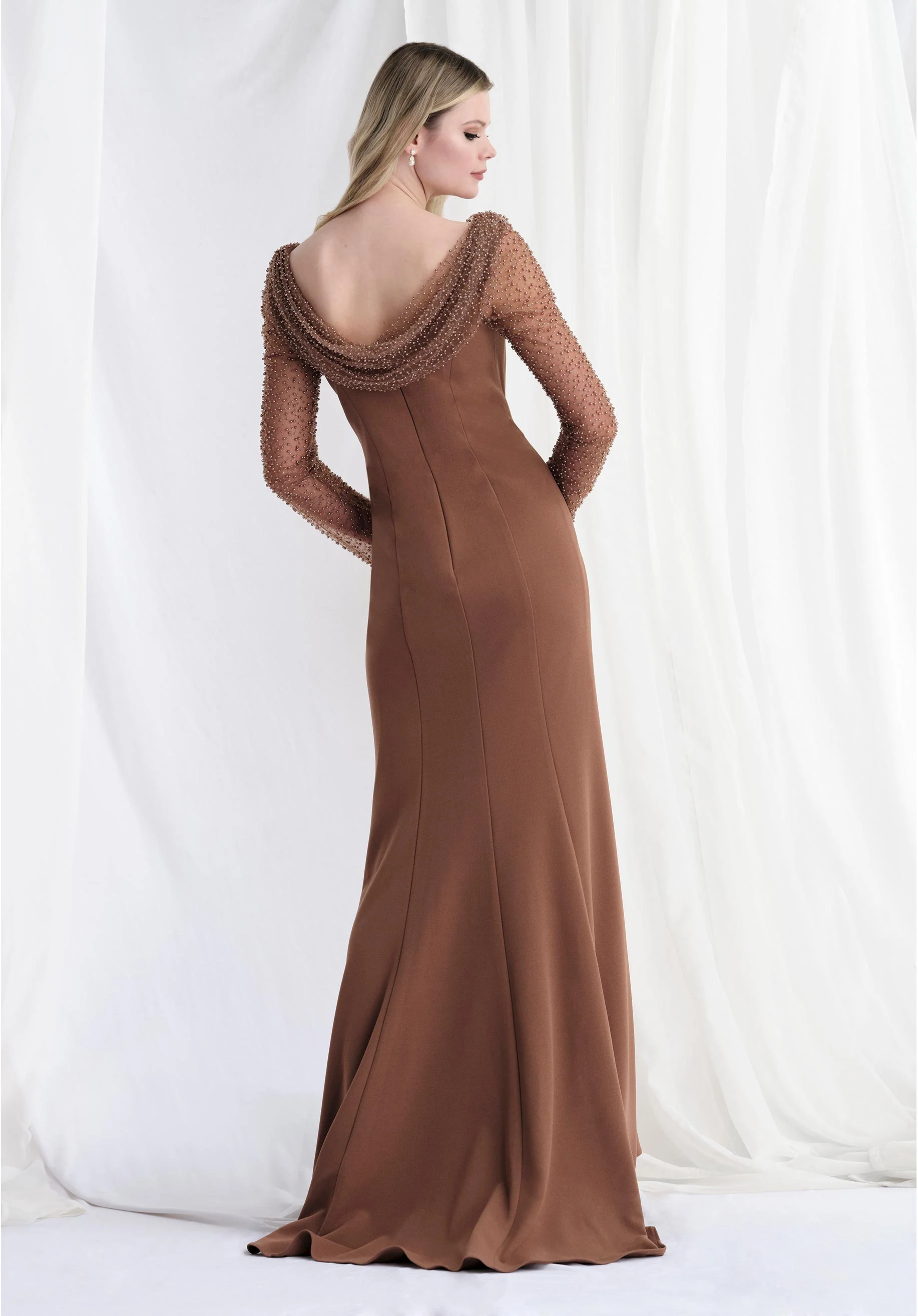 Cowl Neck Stretch Crepe Fit and Flare Evening Gown - Image 6
