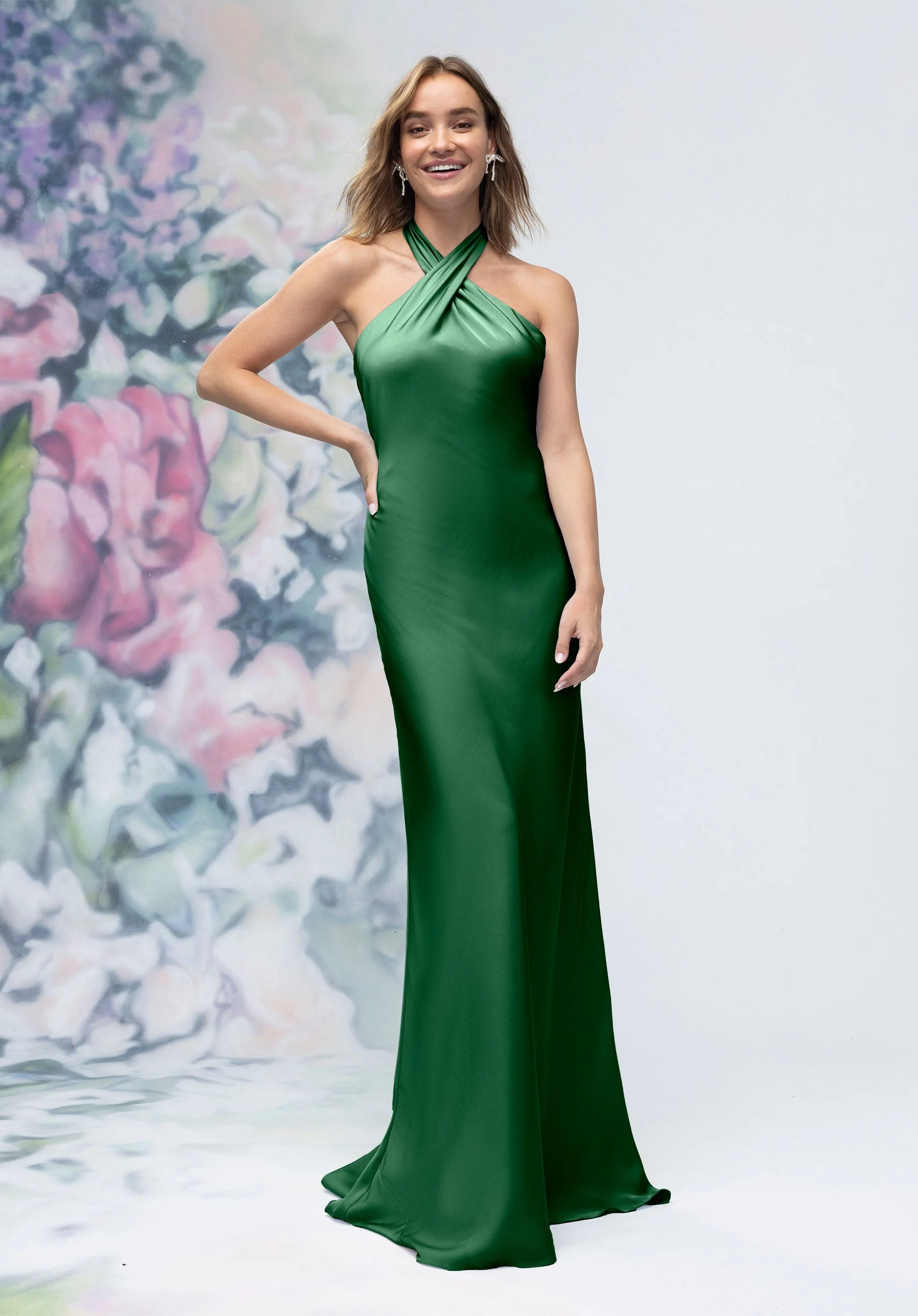 Criss Cross Halter Luxe Satin Sheath Bridesmaid Dress - Image 11