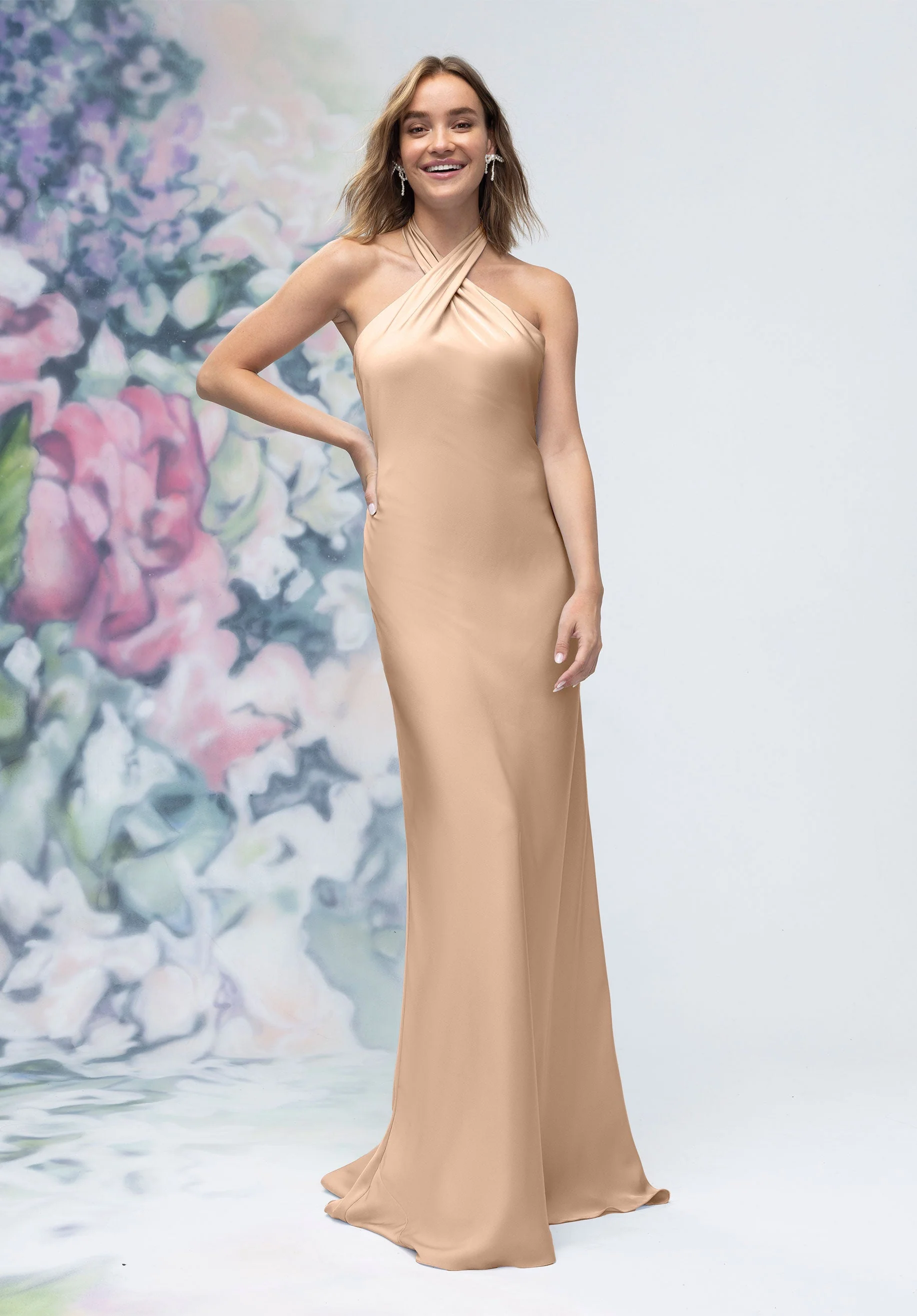 Criss Cross Halter Luxe Satin Sheath Bridesmaid Dress - Image 14