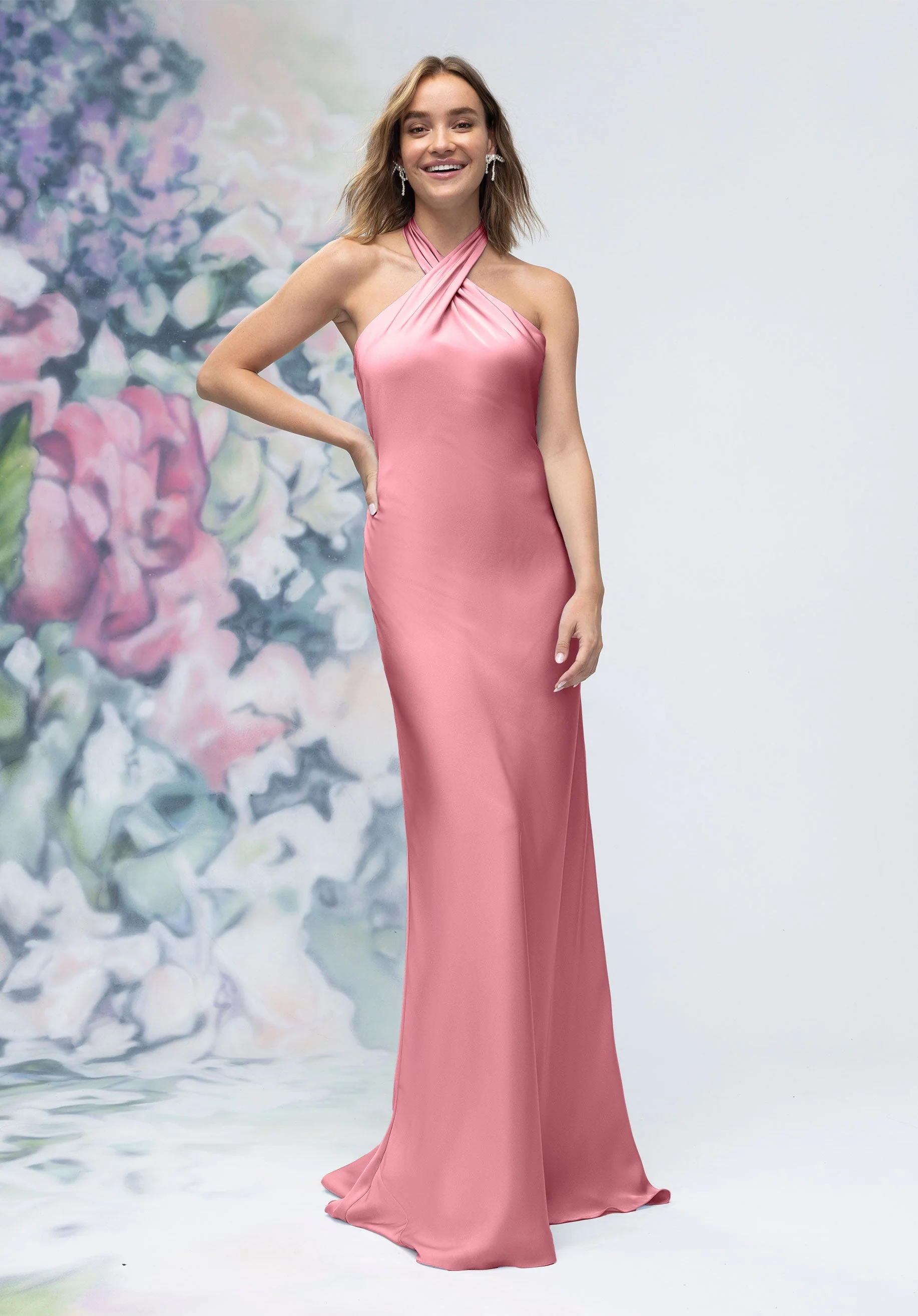 Criss Cross Halter Luxe Satin Sheath Bridesmaid Dress - Image 16