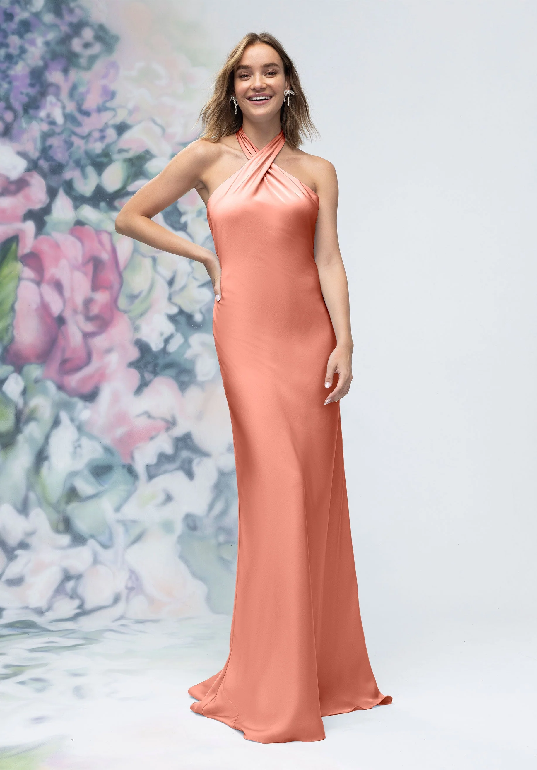 Criss Cross Halter Luxe Satin Sheath Bridesmaid Dress - Image 18