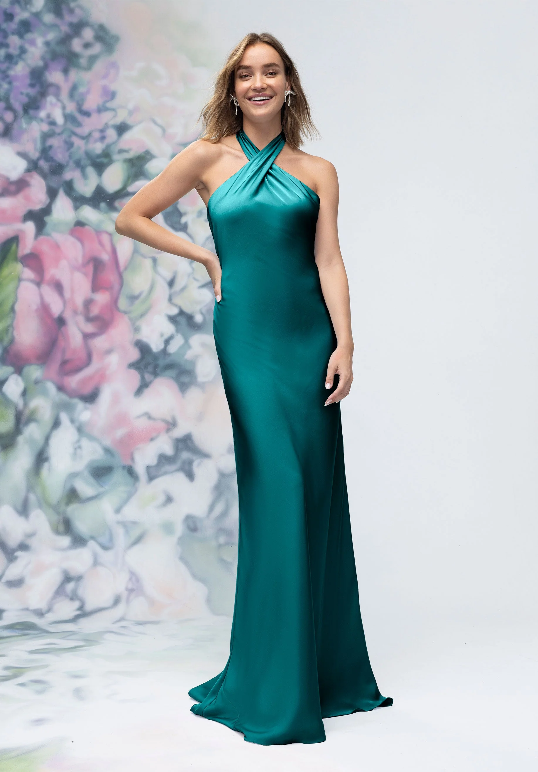 Criss Cross Halter Luxe Satin Sheath Bridesmaid Dress - Image 19