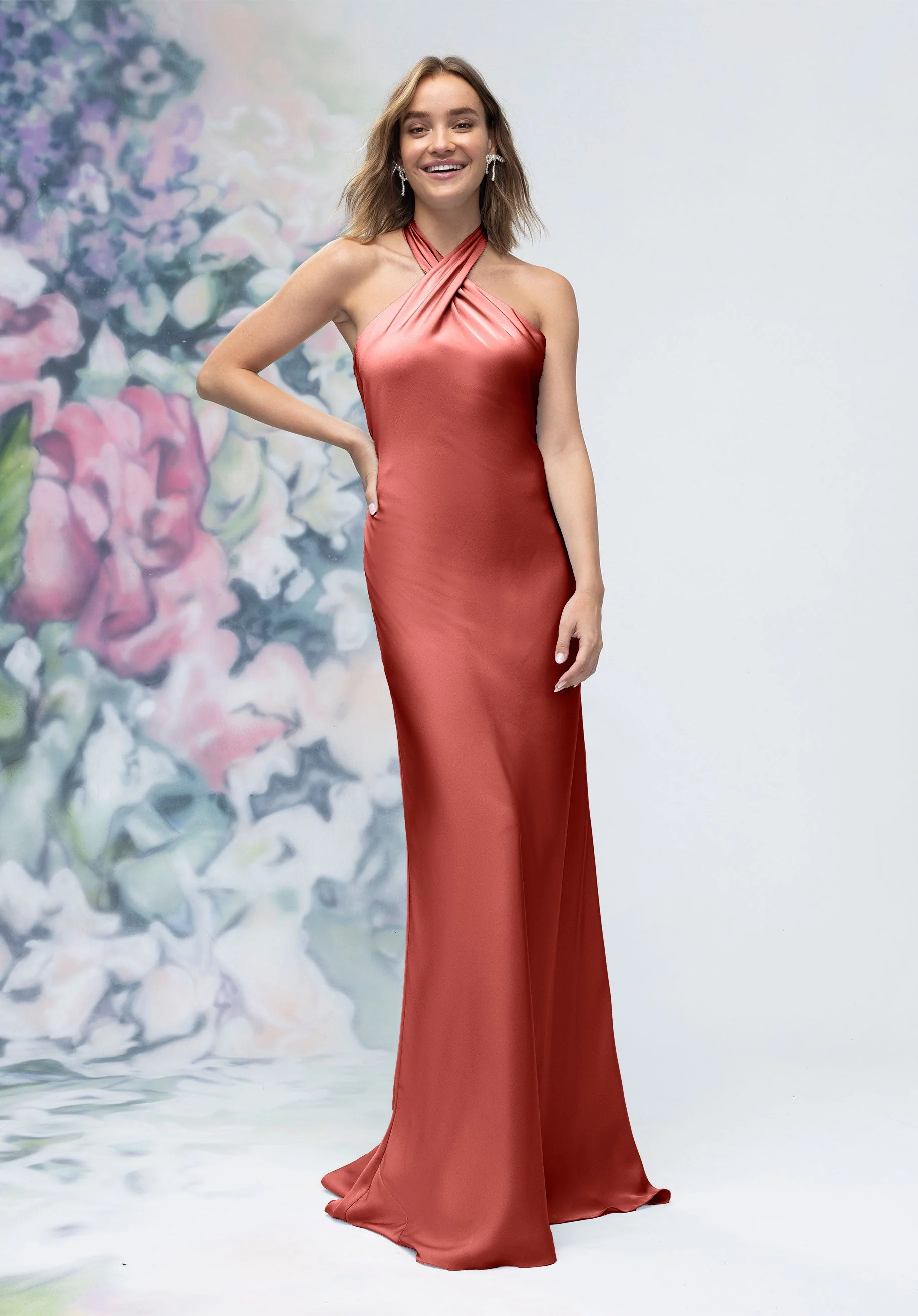 Criss Cross Halter Luxe Satin Sheath Bridesmaid Dress - Image 20