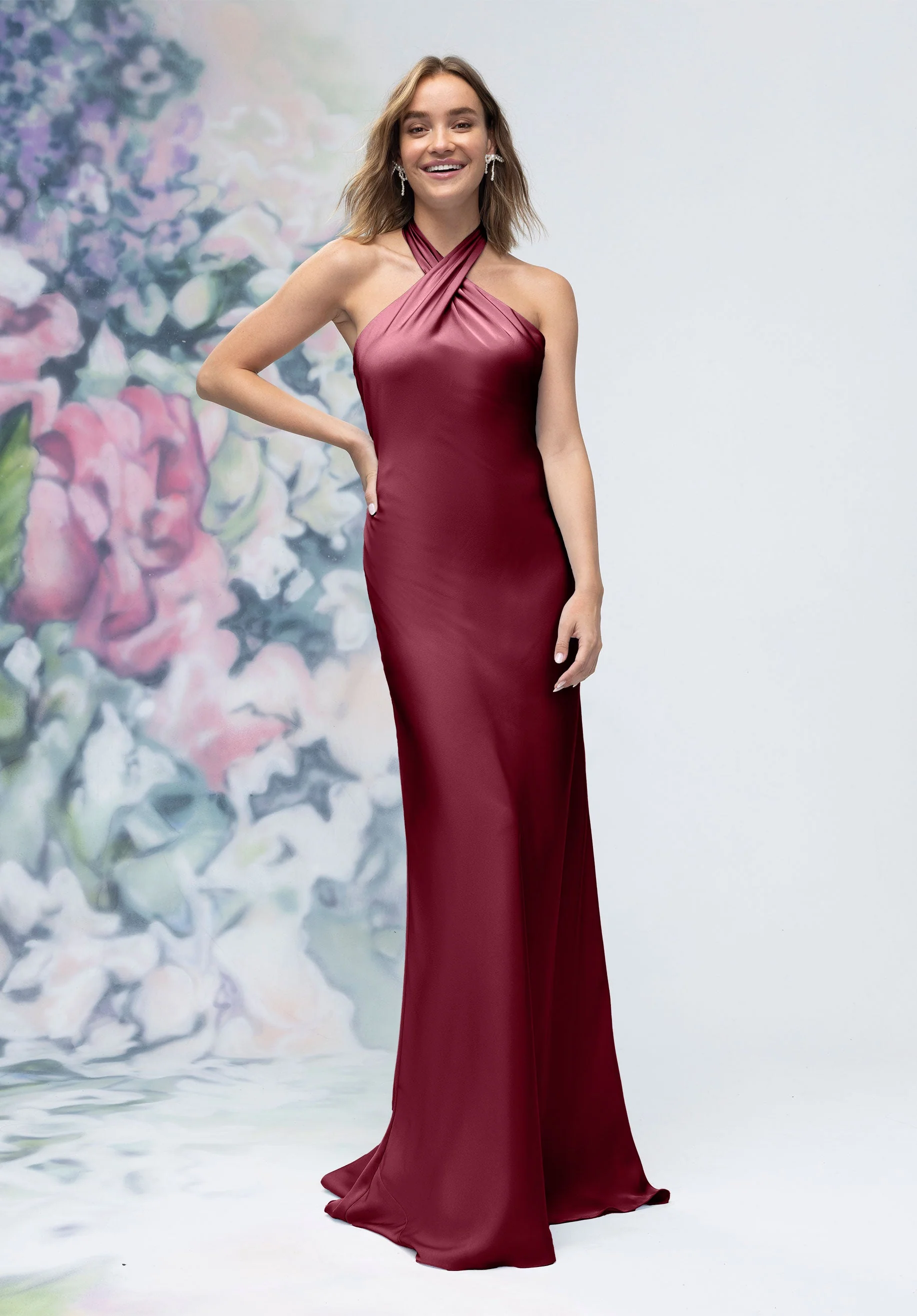 Criss Cross Halter Luxe Satin Sheath Bridesmaid Dress - Image 6