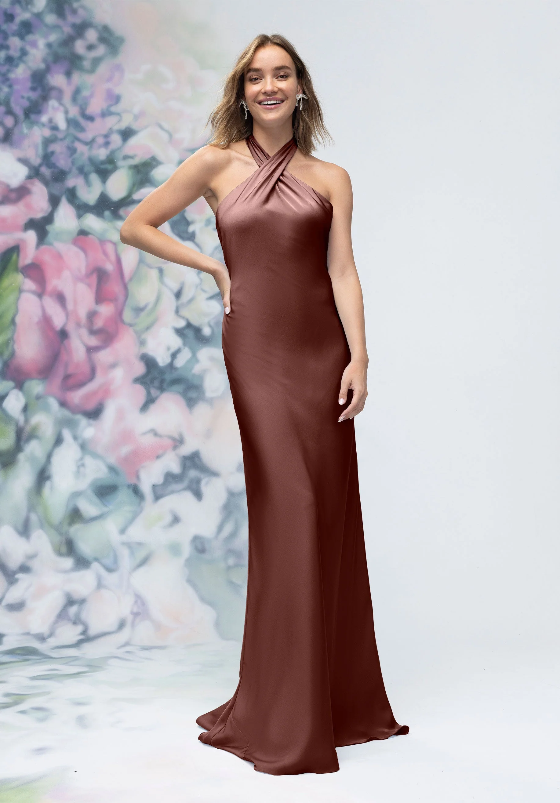 Criss Cross Halter Luxe Satin Sheath Bridesmaid Dress - Image 8