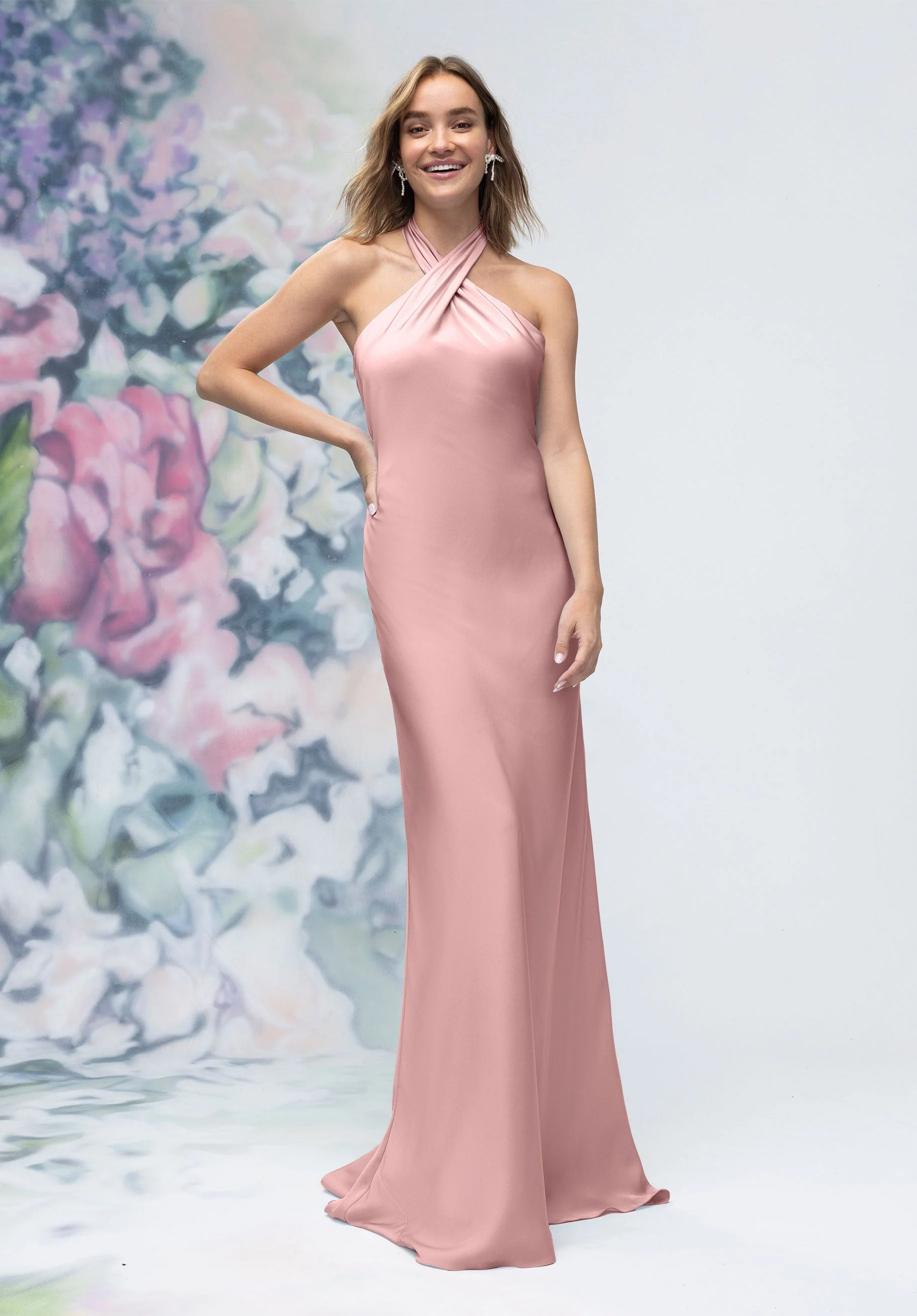 Criss Cross Halter Luxe Satin Sheath Bridesmaid Dress - Image 9