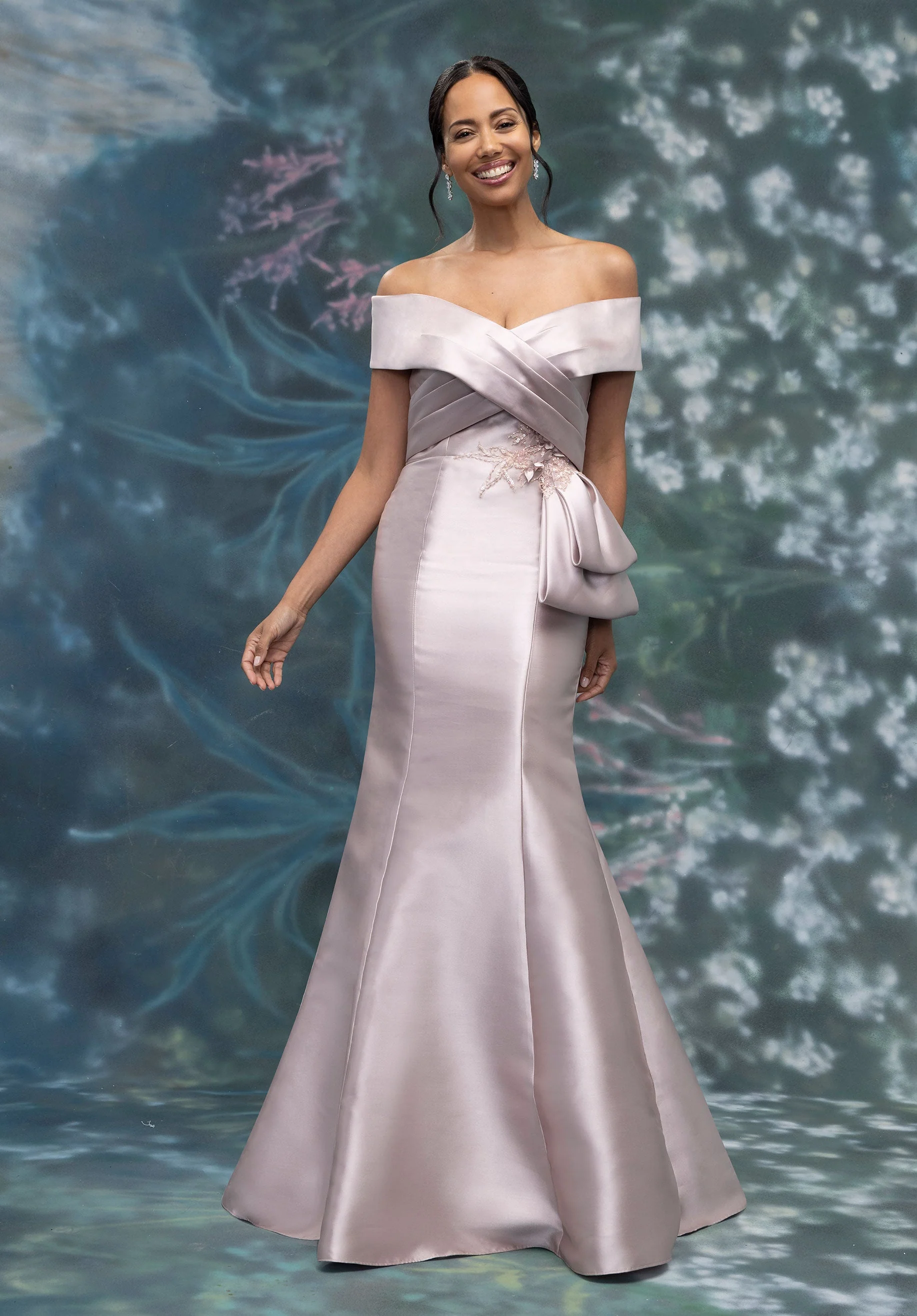 Criss Cross Portrait Neck Mikado Evening Gown with Crystal Appliqués - Image 4